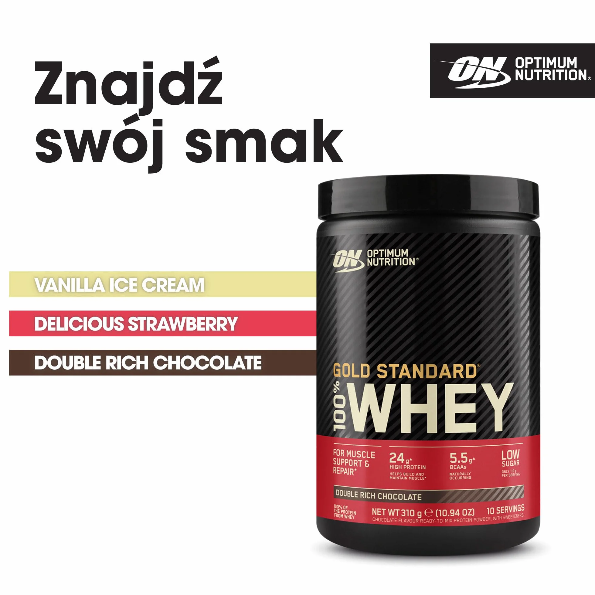 ON Gold Standard 100% Whey - Odżywka białkowa wspomagająca budowę mięśni i regenerację, zawierająca naturalnie występującą glutaminę i aminokwasy BCAA, smak podwójnej czekolady, 10 porcji, 310 g