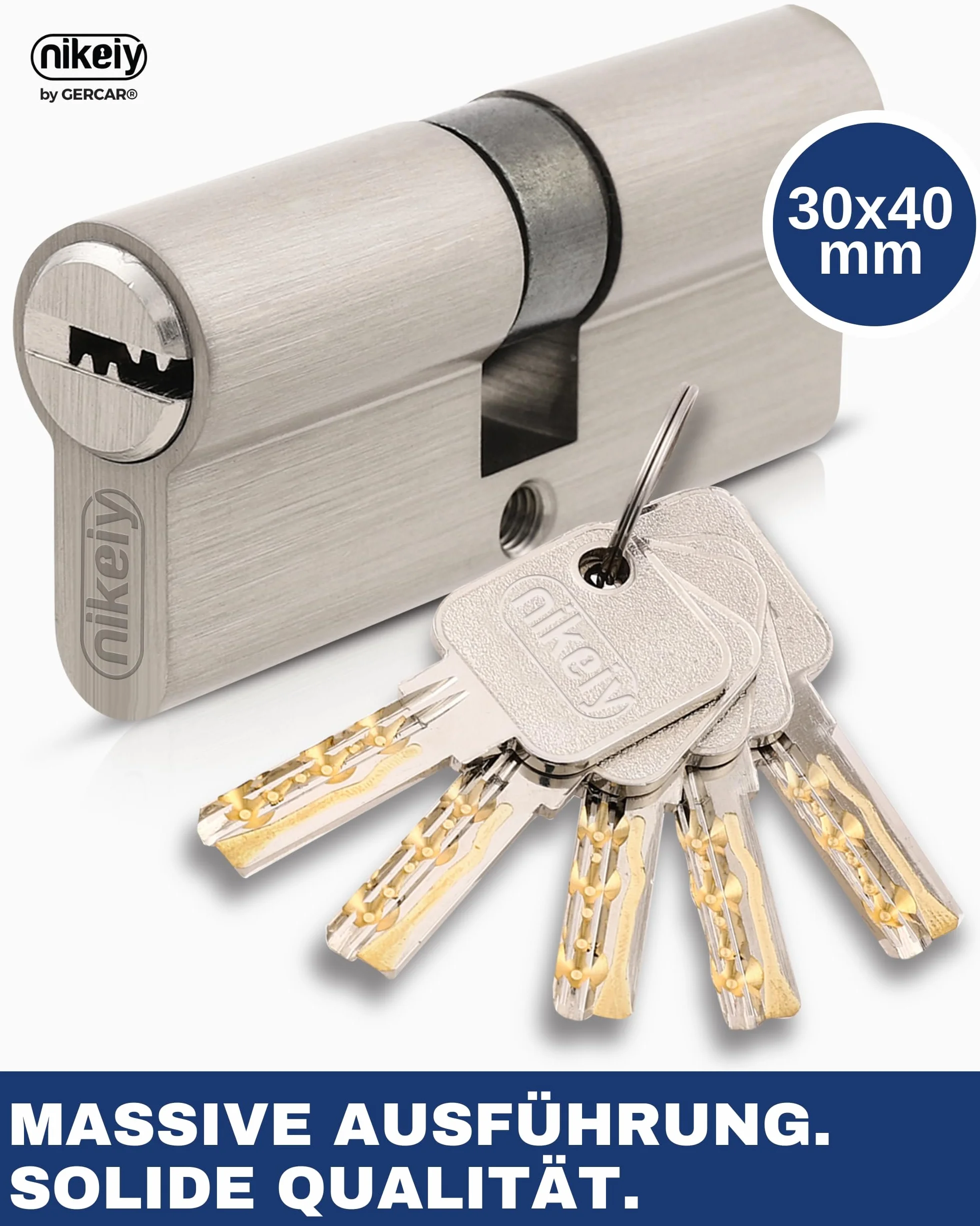 GERCAR Pro cylinder profilowy 30/40 masywny cylinder zamykający podwójny cylinder zamek bębenkowy zamek drzwi - z mosiądzu niklowanego - w zestawie 5 kluczy - klucz dwustronny - długość: 70 mm, A: 30