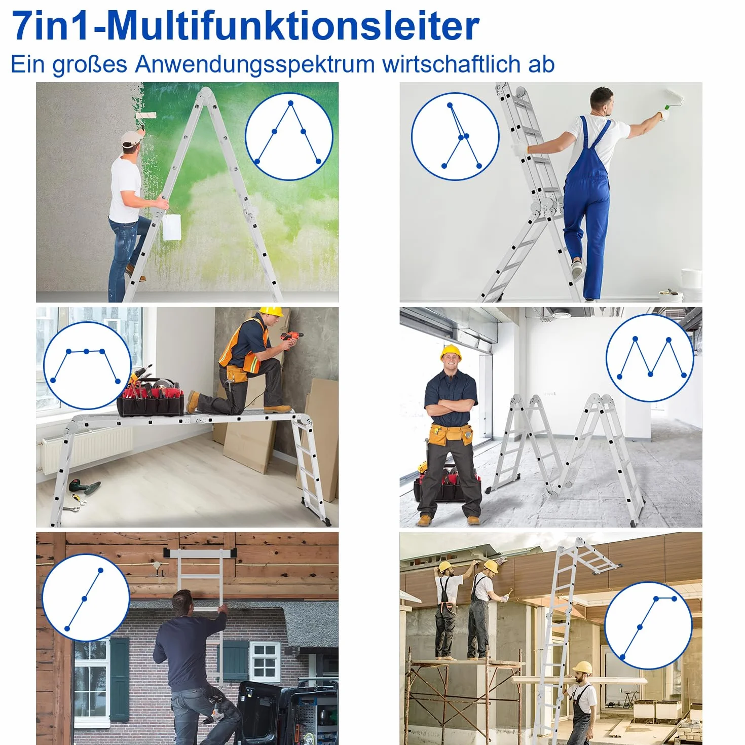 Sonnewelt Aluminiowa drabina wielofunkcyjna 6 w 1, 5,8 m, 4 x 5 stopni z platformą | 5,8 m aluminiowa drabina 6 w 1 do 150 kg, z platformą, kółkami, antypoślizgowymi nóżkami i blokadą bezpieczeństwa