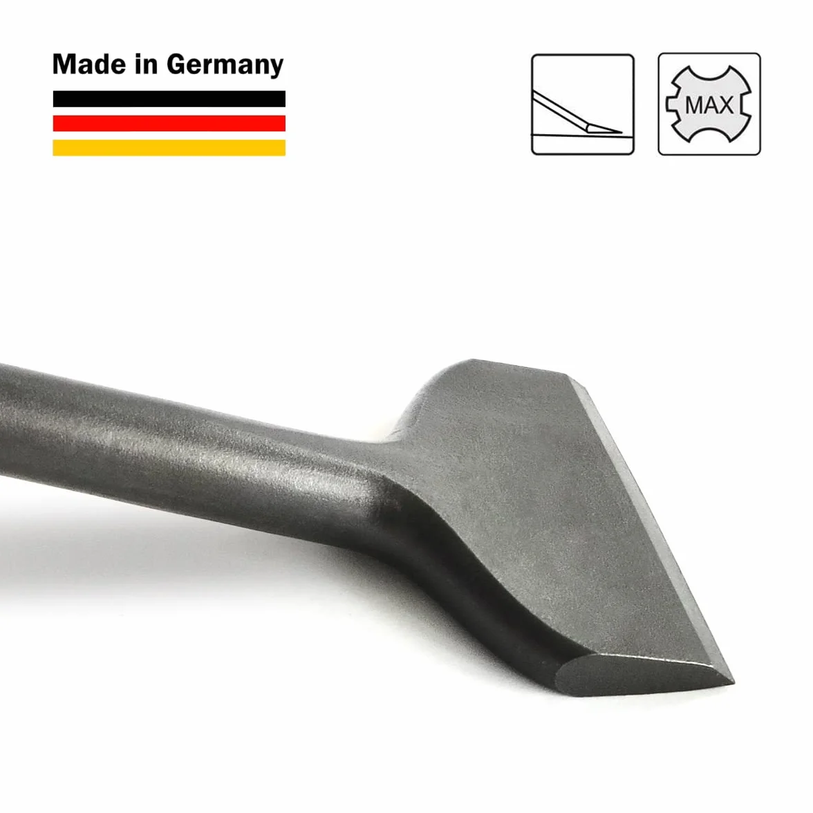 S&R Wysokowydajny dłuto do płytek SDS-MAX trzonek 300 x 80 mm zakrzywiony, jakość przemysłowa Made in Germany, specjalnie hartowane, zoptymalizowana geometria dłut, do mocowania SDS-MAX
