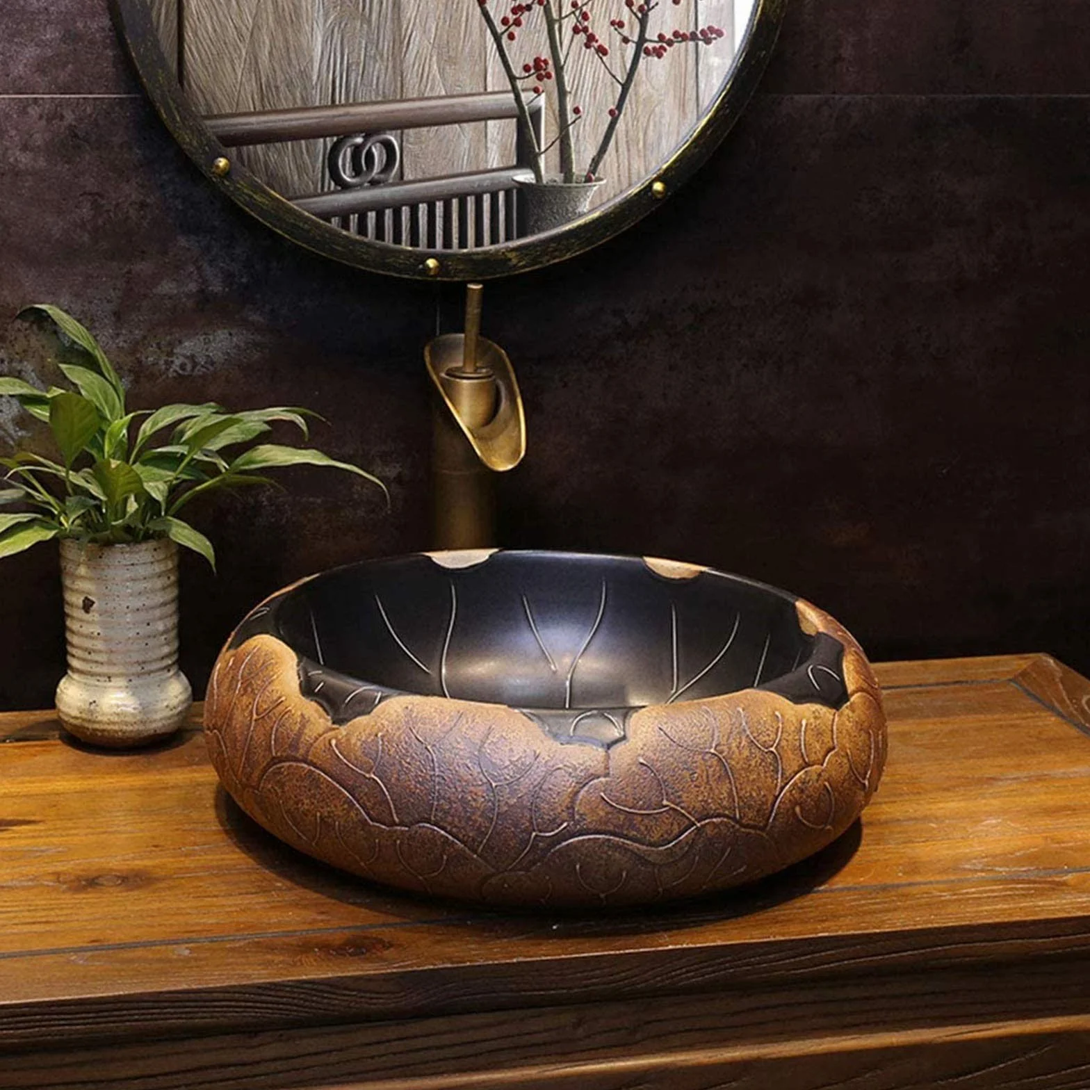 Umywalka ceramiczna Kamień naturalny Owalna wpuszczana Liść lotosu Sztuka klasyczna Umywalka nablatowa Chińska Retro Umywalka ceramiczna okrągła