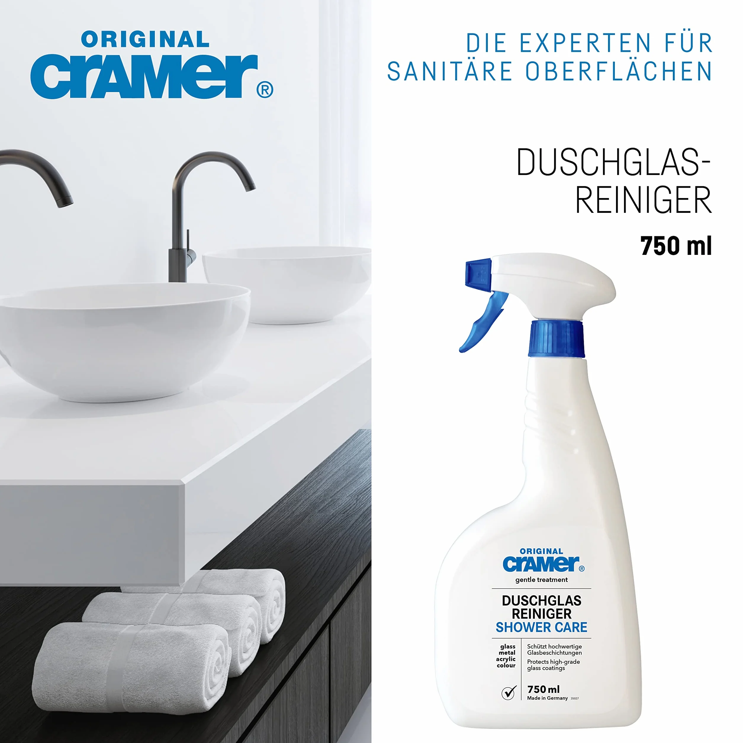 Cramer® Środek do czyszczenia szyb prysznicowych 750 ml I środek do czyszczenia kabin prysznicowych z prawdziwego szkła I bezpieczny dla materiałów środek czyszczący do powlekanych i niepowlekanych