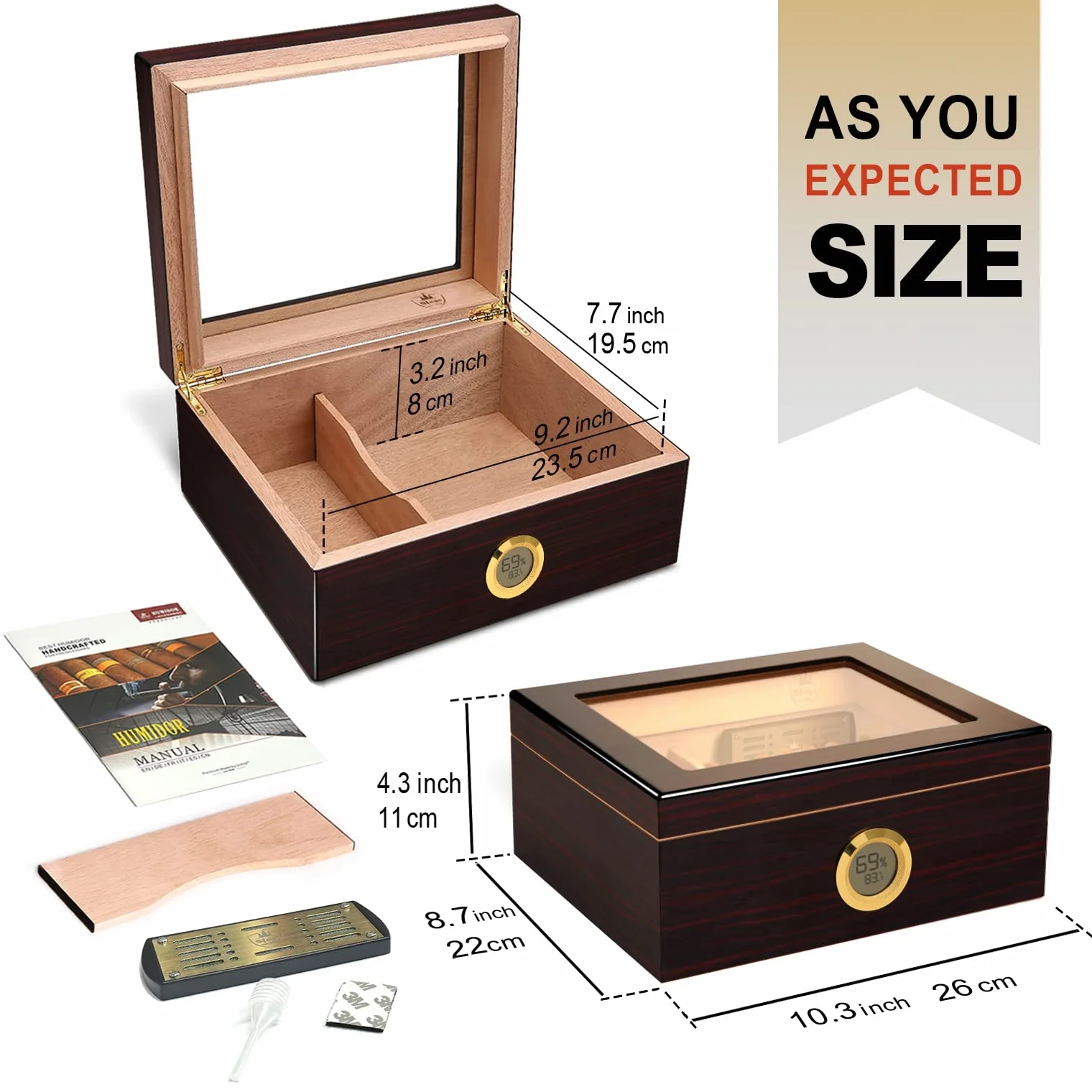 Humidor do cygar, ręcznie wykonany humidor cygara, hiszpański cygara, cedrowy, cyfrowy higrometr, nawilżacz, rozdzielacz, prezent dla mężczyzn (30-50 cygar)