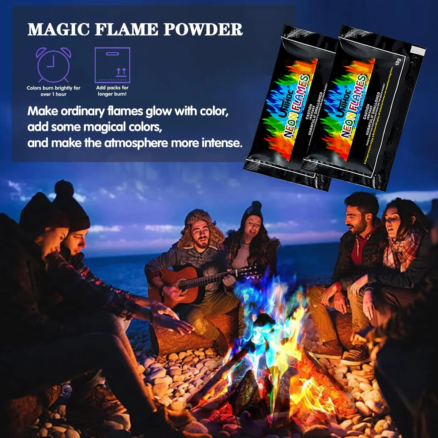 Kolorowy proszek do ognia, magiczny neonowy płomień, magiczny płomień, 10 x 10 g Magic Fire Powder, kolorowy ogień, na Boże Narodzenie magiczny proszek, kolorowy płomień do kominka w proszku do
