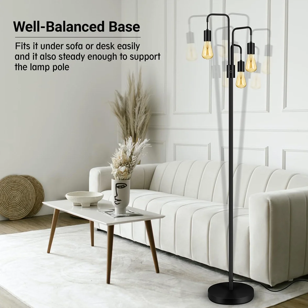 BoostArea Przemysłowa lampa podłogowa do salonu, nowoczesna lampa podłogowa z 3 lampami, żarówki nie są dołączone, prosta konstrukcja lampy podłogowe do sypialni, salonu, biura, sypialni