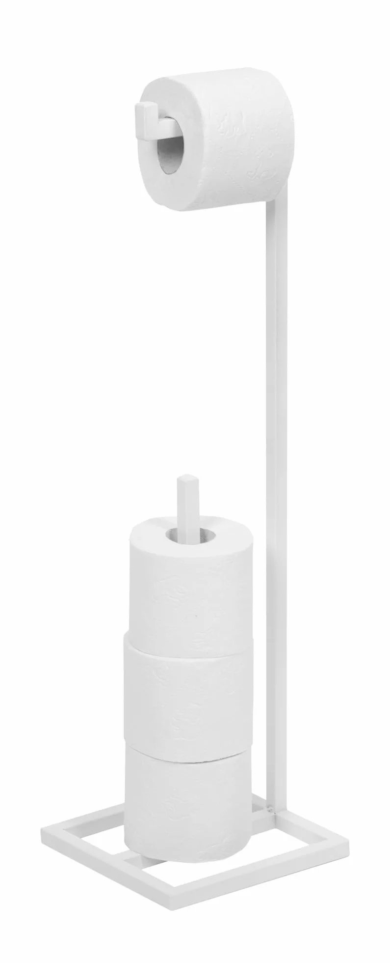 Wolnostojący Uchwyt na Papier Toaletowy - Stojak na Papier Toaletowy bez Wiercenia z Opcją Przechowywania - Metal Malowany Proszkowo - 23x23x69cm - SONO Biały