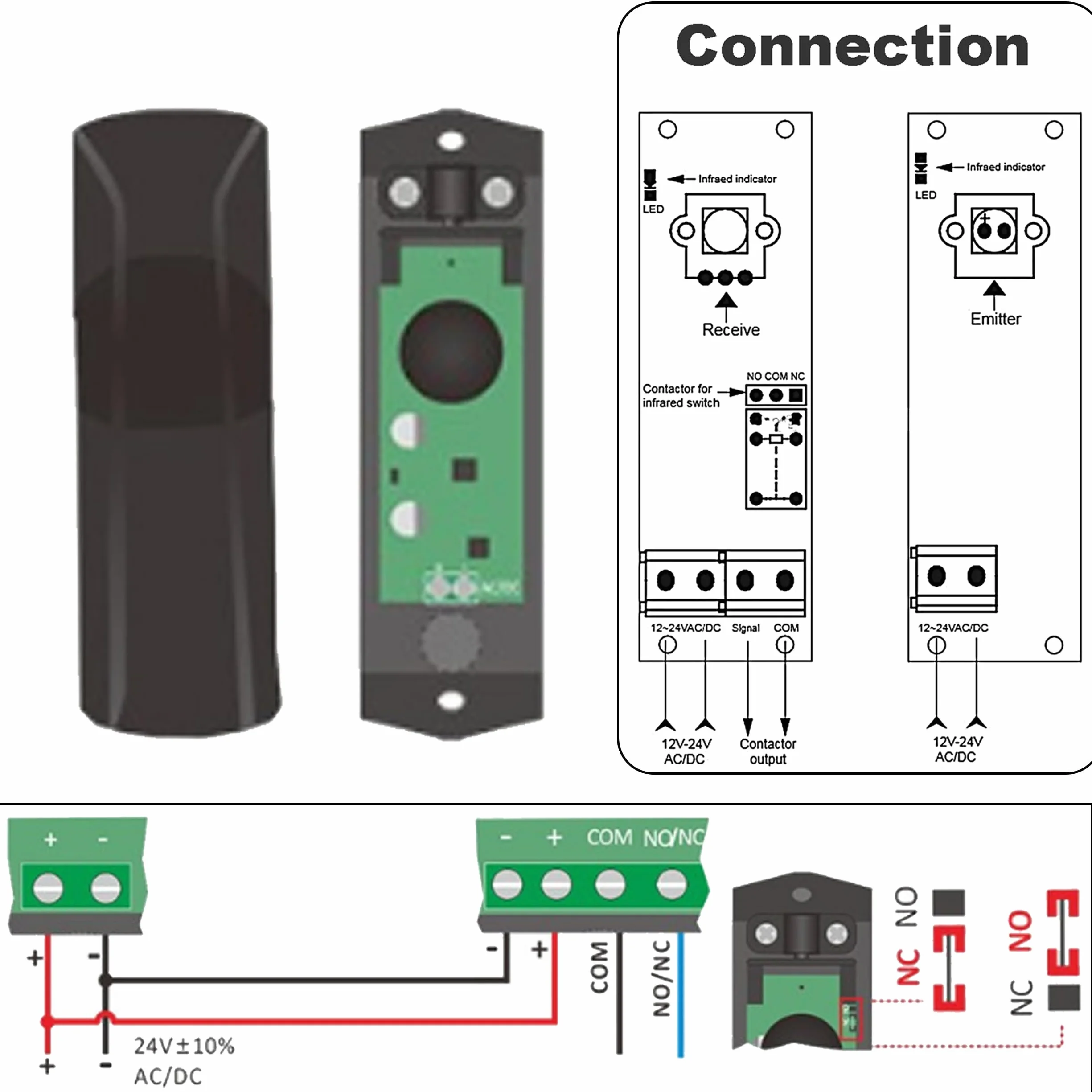Universal fotokomórki obrotowe o 180° do automatycznych bram garażowych AC/DC 12-24 V, wodoodporna ściana modulowana na podczerwień, ochrona elektromagnetyczna i filtr przeciwsłoneczny