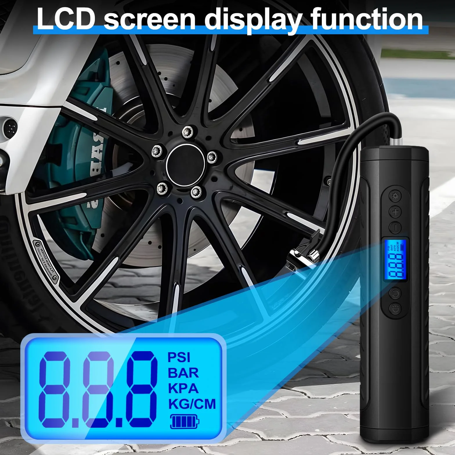 Przenośna sprężarka powietrza Przenośny Kompresor 150 PSI 6000 mAh Bezprzewodowa Pompka do Opon z Wyświetlaczem LCD, Lampką LED i 3 Końcówkami do Samochodu, Roweru i Motocykla