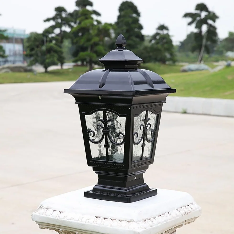 Wodoodporna zewnętrzna lampa słupkowa IP65, odlewana ciśnieniowo aluminiowa willa na dziedzińcu, latarnia ogrodowa, latarnia słupkowa, europejski wzór, lampy solarne, oprawa oświetlenia ogrodowego na