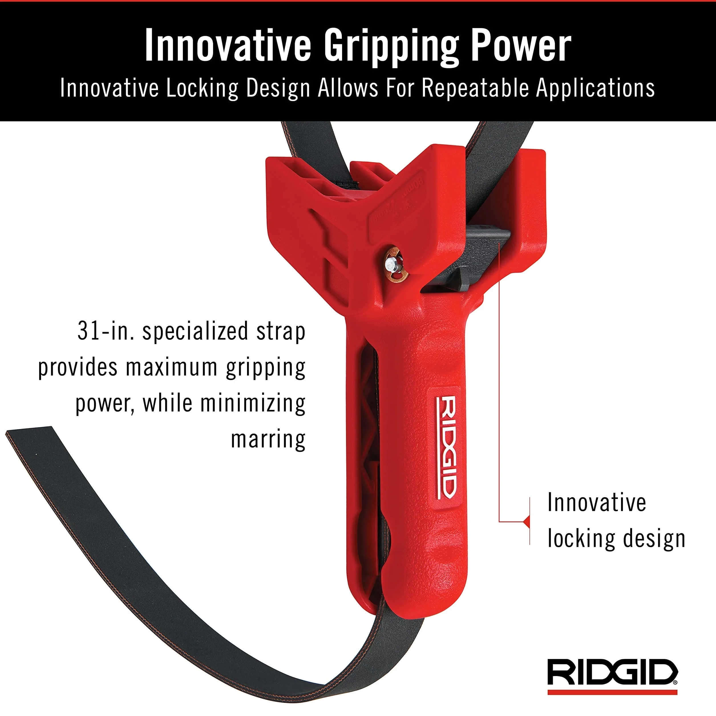 RIDGID 42478 Straplock Klucz taśmowy z uchwytem do rur 18 cm, czerwony.