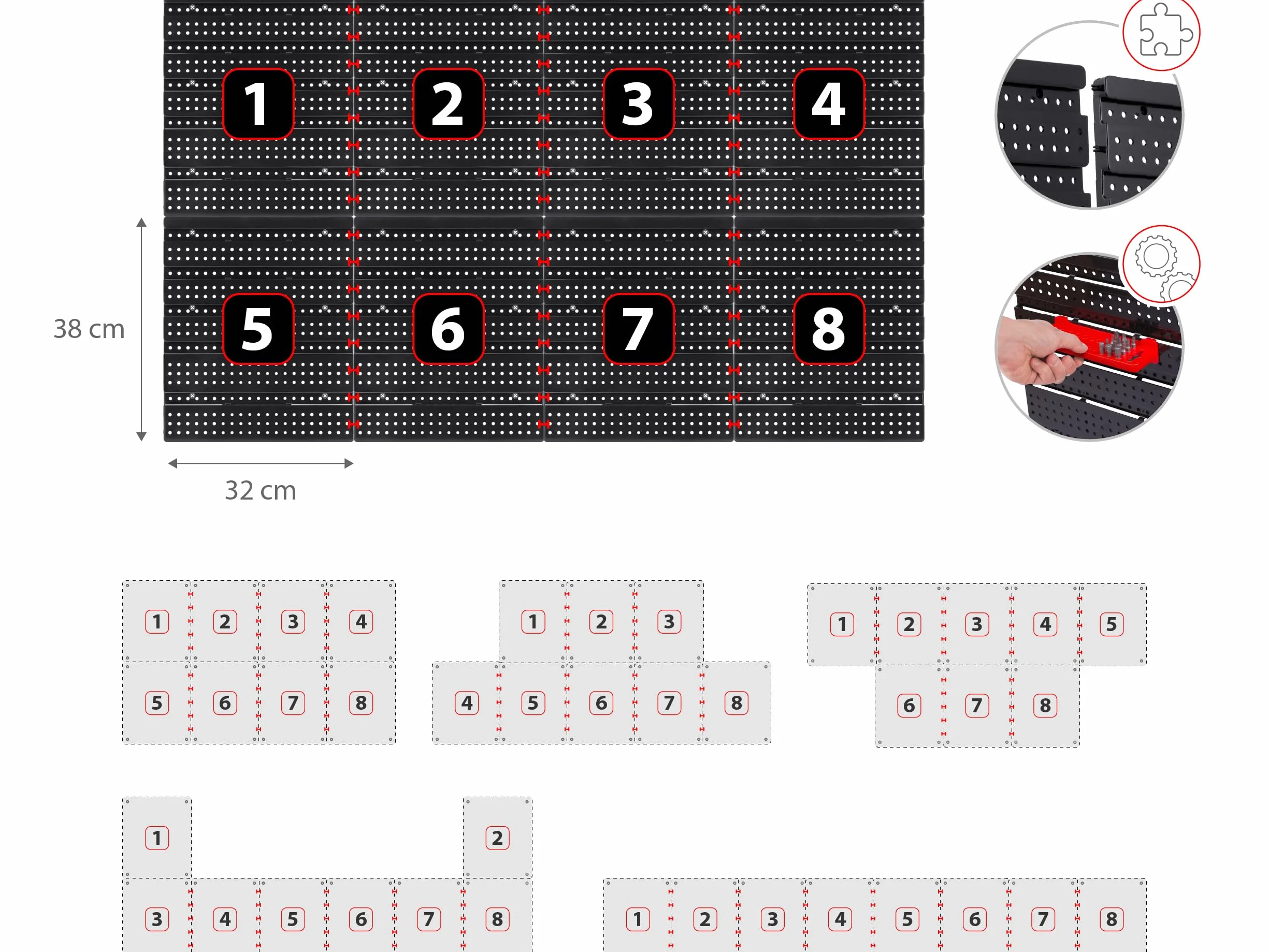 Humberg Ścianka Narzędziowa - Tablica Warsztatowa Perforowana - Regał Ścienny do Warsztatu i Garażu - 6 Modułów - 54 Elementy - Czarno-czerwony - 128 x 76 cm