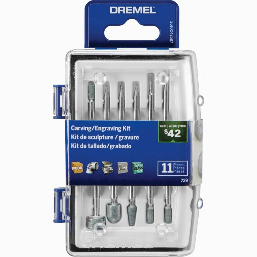 Dremel 729-01 11-częściowy zestaw akcesoriów do narzędzi obrotowych do rzeźbienia i grawerowania, zawiera bity do grawerowania i kamienie szlifierskie, idealny do drewna, metalu i szkła