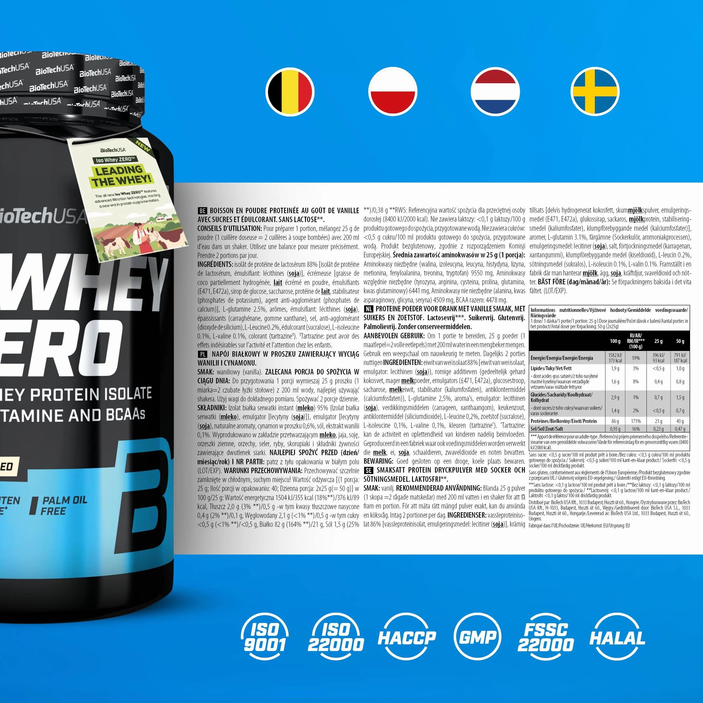 BioTechUSA Iso Whey Zero | Premium Whey Protein Isolate | Grass-Fed | Enzyme-Free | Sugar- and Gluten-free, 908 g, Wanilia