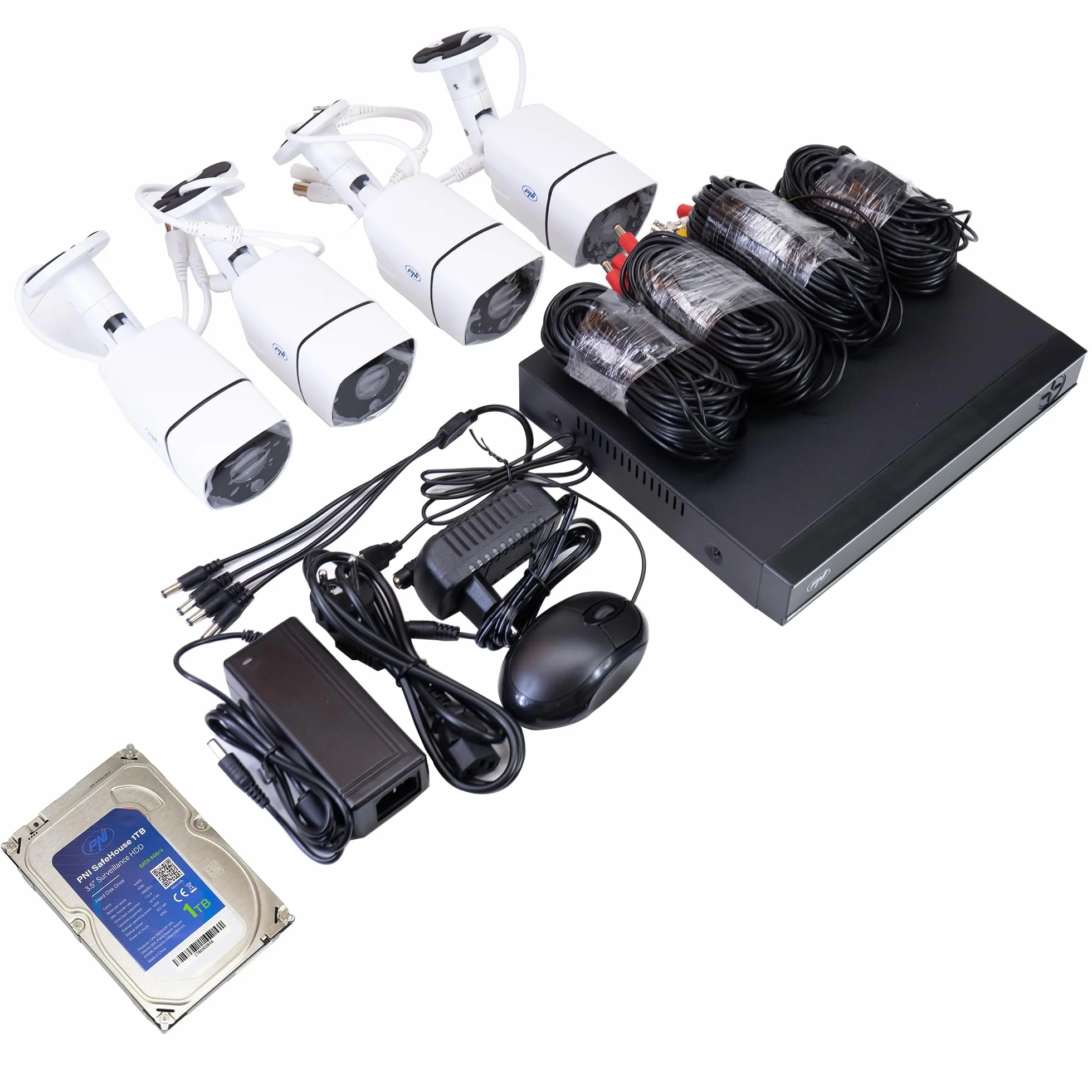 PNI House PTZ1300 Full HD AHD zestaw do monitoringu wideo z 4 kamerami zewnętrznymi 2 MP, kamerami zewnętrznymi 1080P i PNI SafeHouse 1 TB w zestawie