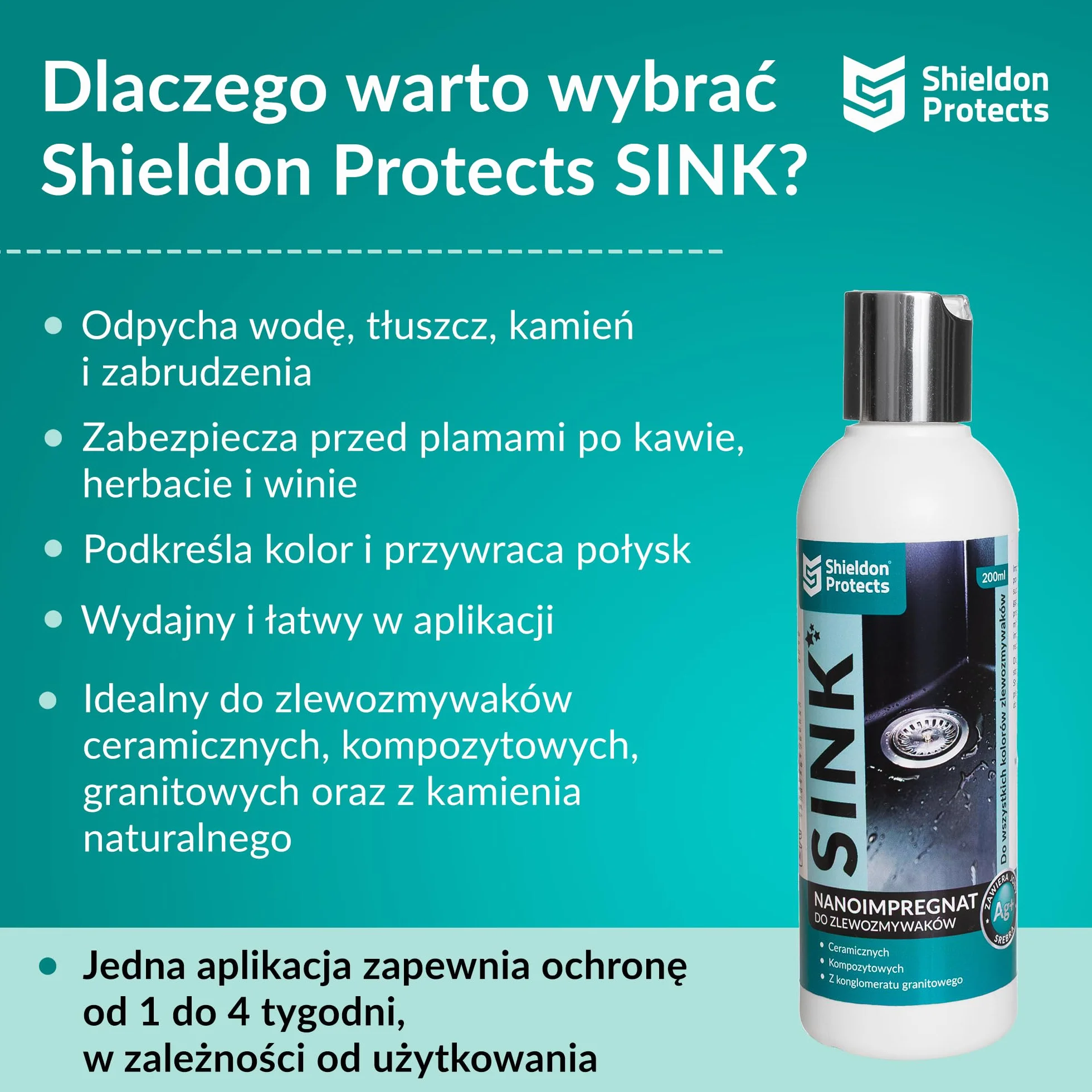 Shieldon Protects SINK – profesjonalny impregnat do zlewu granitowego i zlewozmywaków kompozytowych - powłoka hydrofobowa chroni przed tłuszczem, plamami i kamieniem, wzmacnia kolor i połysk – 200 ml