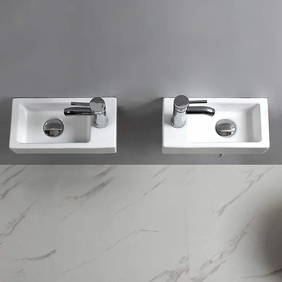 Wisząca mała ścienna ceramiczna umywalka, prostokątny zlew do szatni (lewa)