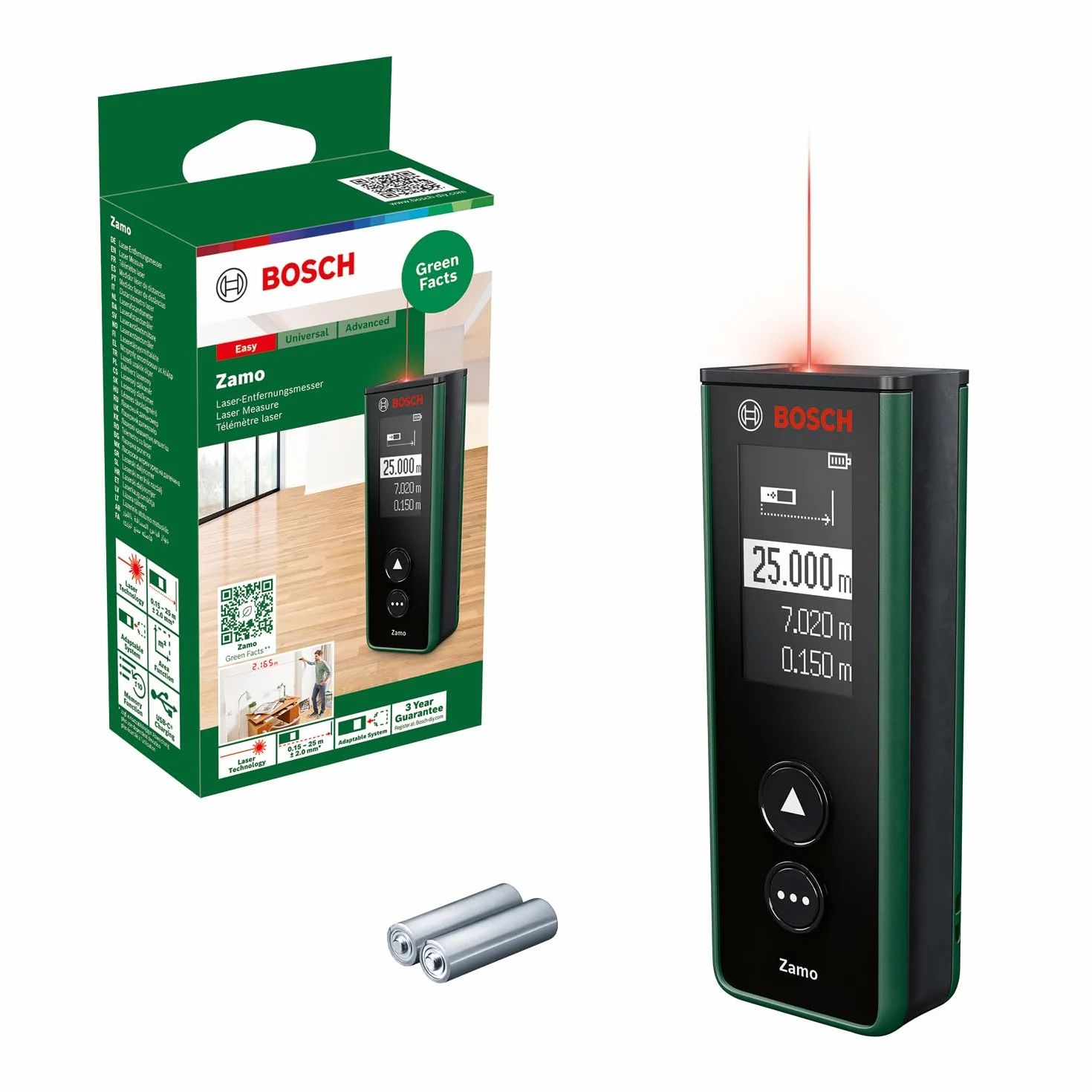 Bosch Dalmierz laserowy Zamo czwartej generacji (łatwe i precyzyjne pomiary do 25 m, akumulatorki ładowane przez złącze USB-C®,możliwość stosowania wraz z dodatkowymi adapterami, opakowanie kartonowe)