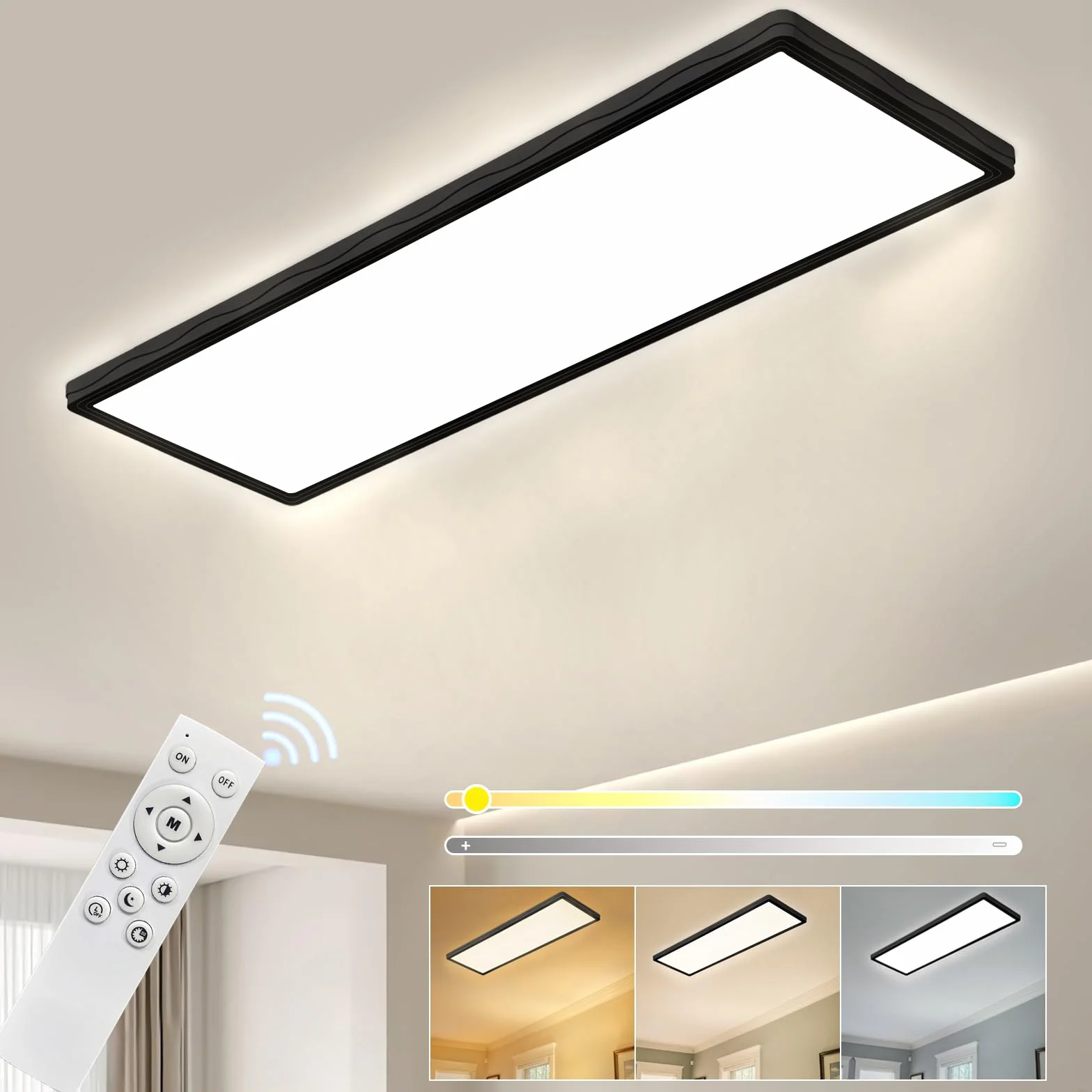 Bowfar Lampa sufitowa LED, prostokątna lampa sufitowa z pilotem, ściemnialna w zakresie 3000–6500K, ultracienki panel LED 24W z podświetleniem do sypialni, biura, łazienki, 58 * 20 * 2,5 cm – czarny