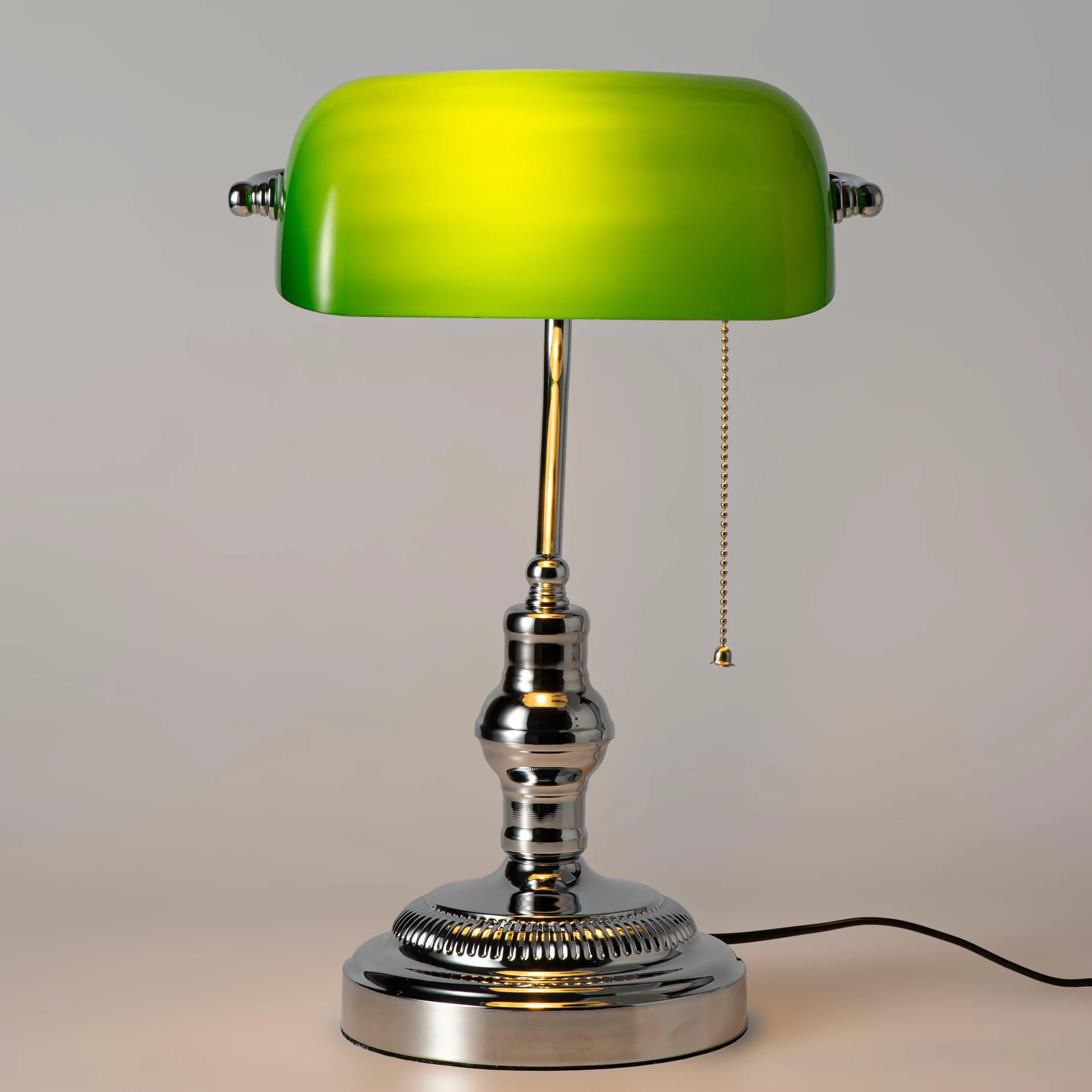 BARCELONA LED Vintage Lampka Stołowa Bankierska z Chromowaną Metalową Podstawą i Zielonym Szklanym Kloszem – Regulowana Retro Lampka Biurkowa E27 do Biura, Salonu, Sypialni i Restauracji