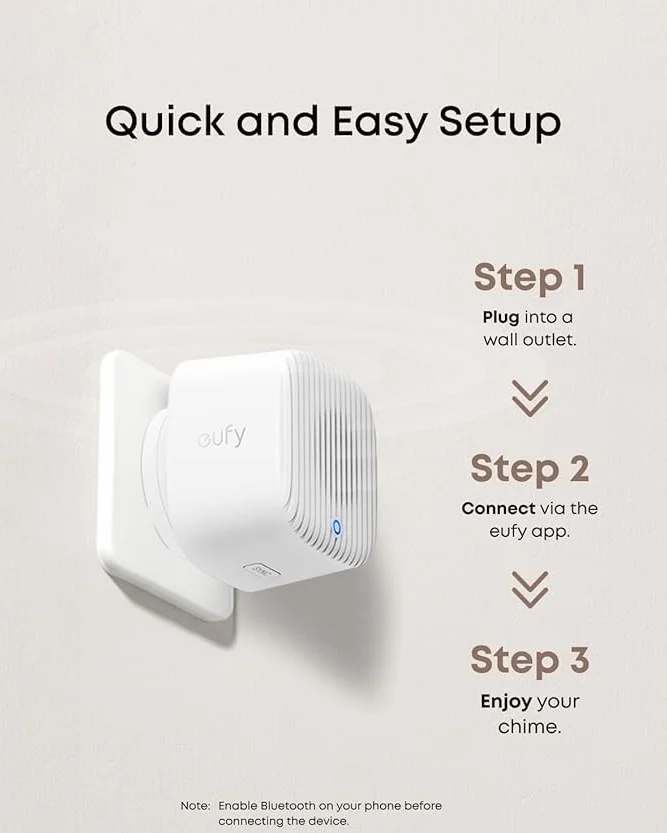 eufy Chime 2 dodatkowy dzwonek, 10 fabrycznie zainstalowanych melodii, dwuzakresowe Wi-Fi (2 | 4/5 GHz), łatwa konfiguracja, automatyczne parowanie Bluetooth, regulowana głośność do 80 dB