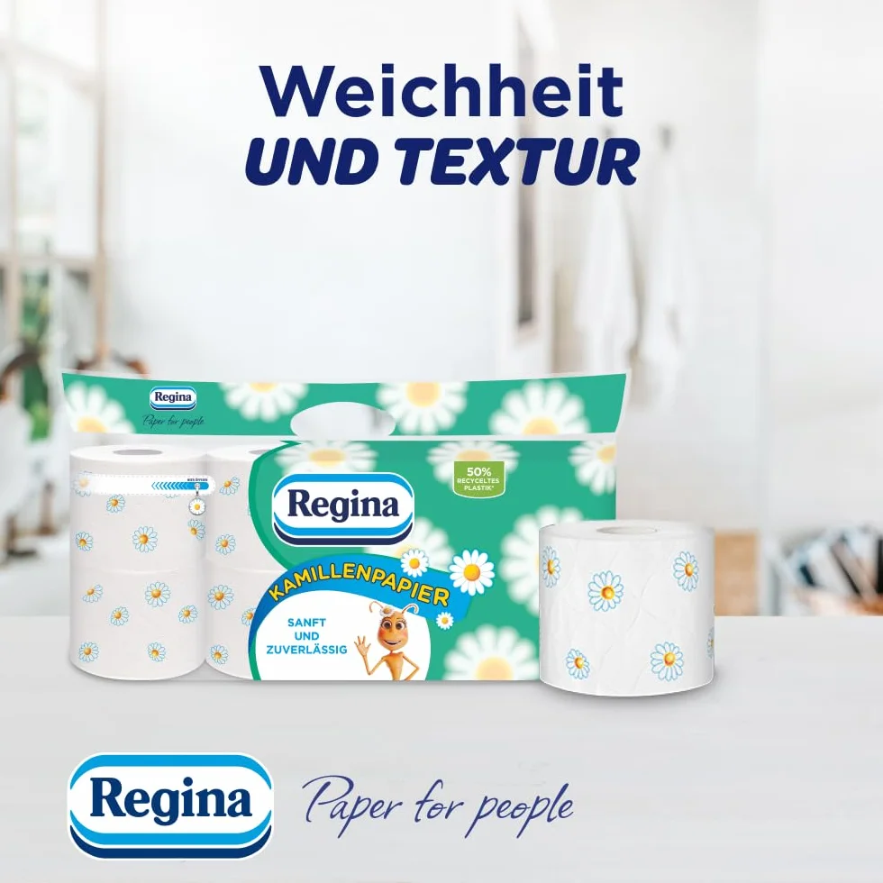 Regina Papier Rumiankowy 16 Rolek po 150 Listków, Miękki i Delikatny, Zapachowy, z Nadrukiem, 3 Warstwy, Duże Opakowanie, Certyfikat FSC, Czysta Celuloza, Atest NIZP-PZH