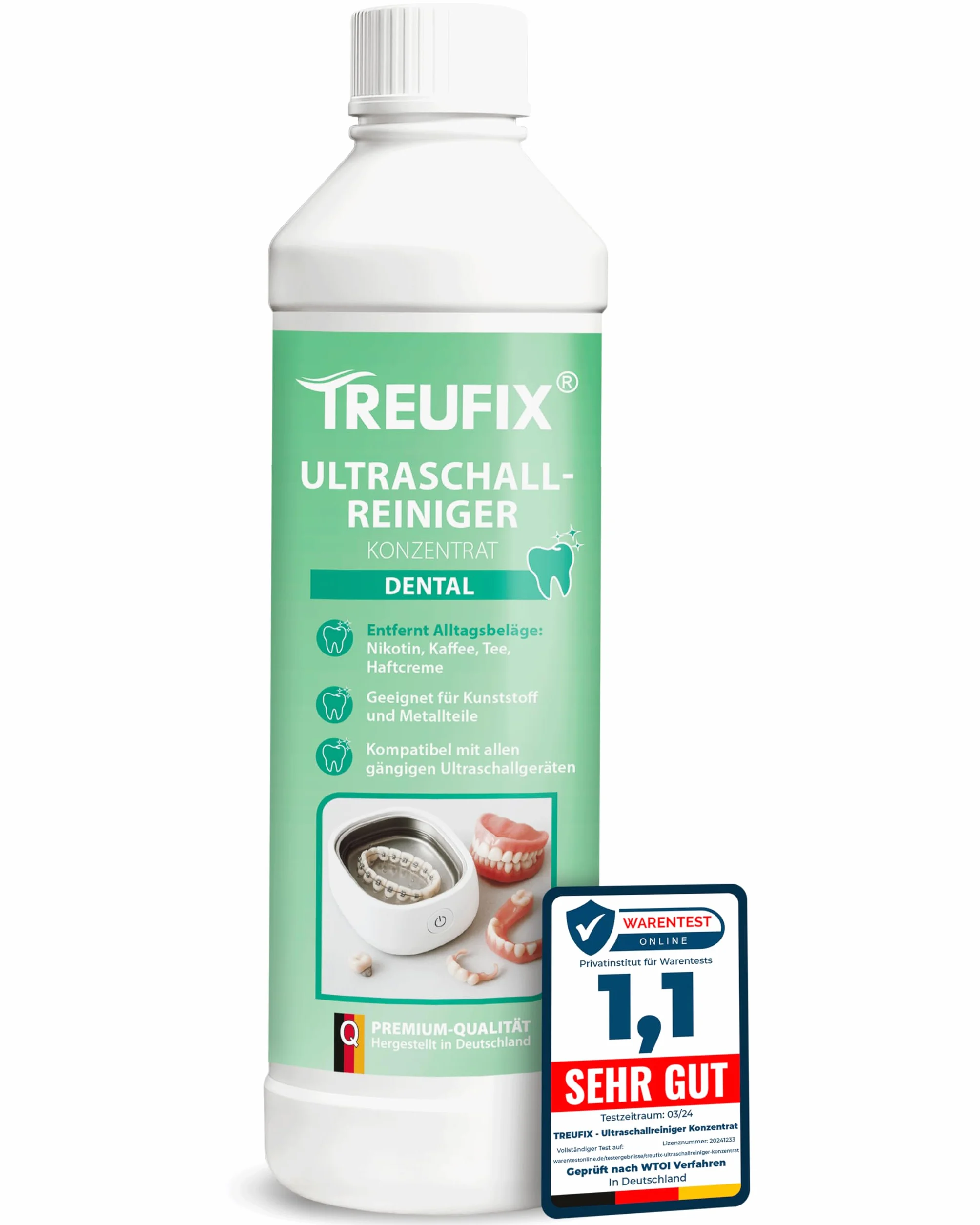 Treufix Koncentrat do czyszczenia ultradźwiękowego Dental 750 ml – do protez, protez, protez, spinek, szyn, skuteczne czyszczenie produktów dentystycznych, chroni materiał i efektywność – Made in DE