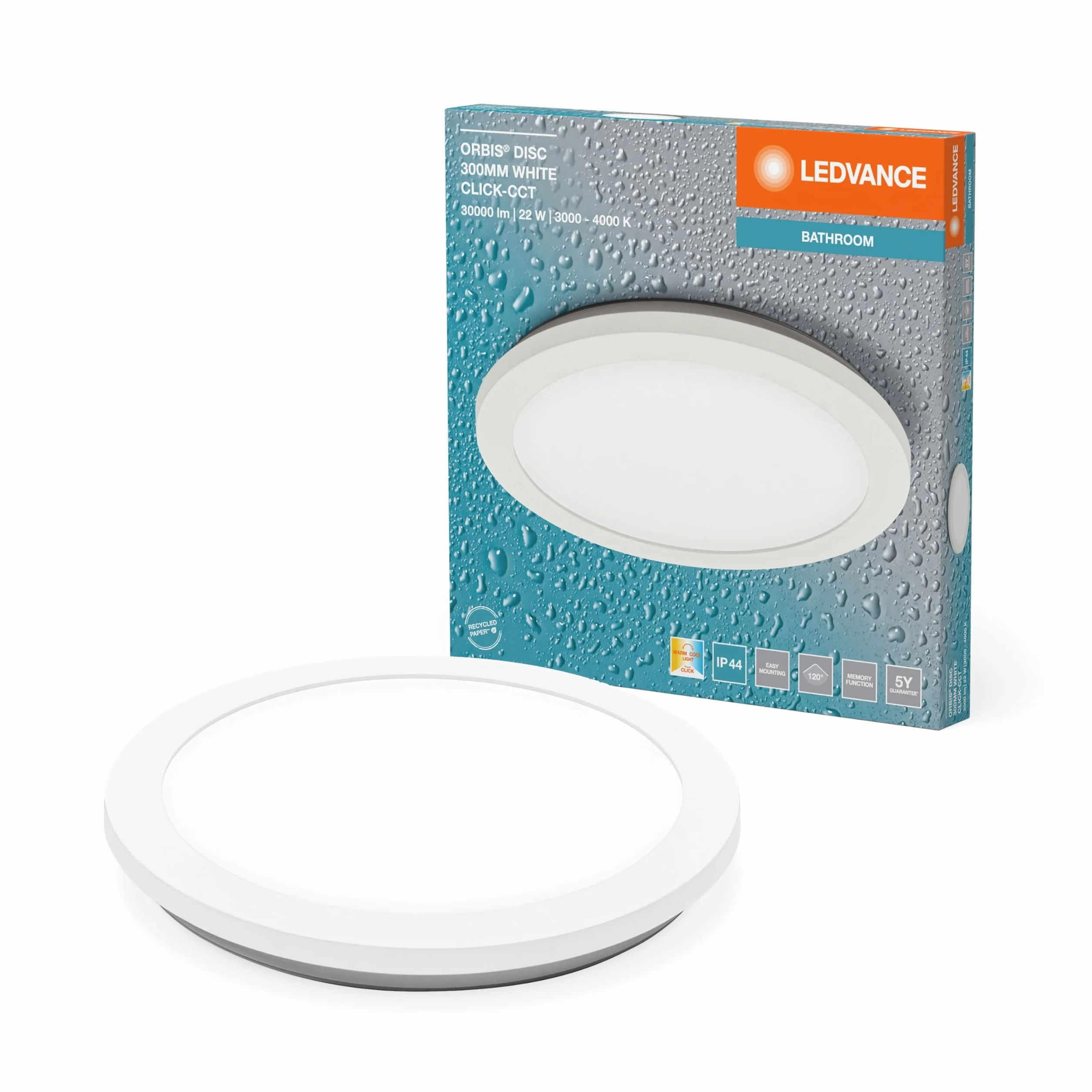 Lampa ścienna/sufitowa LEDVANCE ORBIS Disc z diodami LED, 22 W, 1800 lm, 3000/4000 K, regulowana za pomocą przełącznika ściennego z Click CCT, średnica 30 cm, stopień ochrony IP44 do łazienek, w