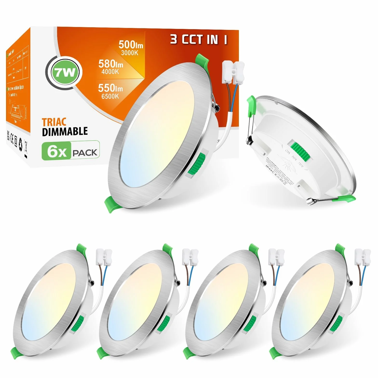 ALUSSO Reflektor Wpuszczany LED 230V, 7W 580LM Reflektor Łazienkowy, IP44 Oprawy Wpuszczane Ciepła Biel 3000K Neutralna Biel 4000K Zimna Biel 6500K Regulowane, Do Łazienki, Nikiel, 6 Sztuk