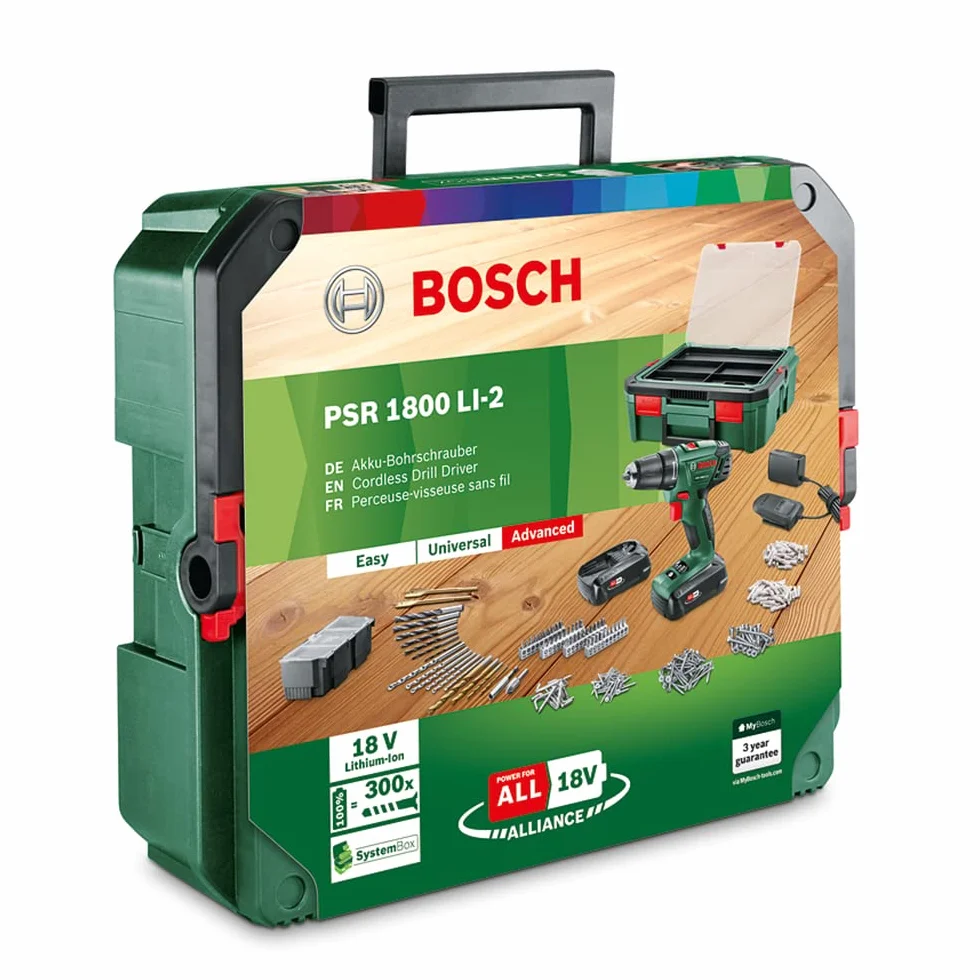 Bosch Home and Garden Akku Bohrschrauber PSR 1800 Li-2 (2 Akkus, 18 V, 241-teiliges Zubehörset, w Systembox)