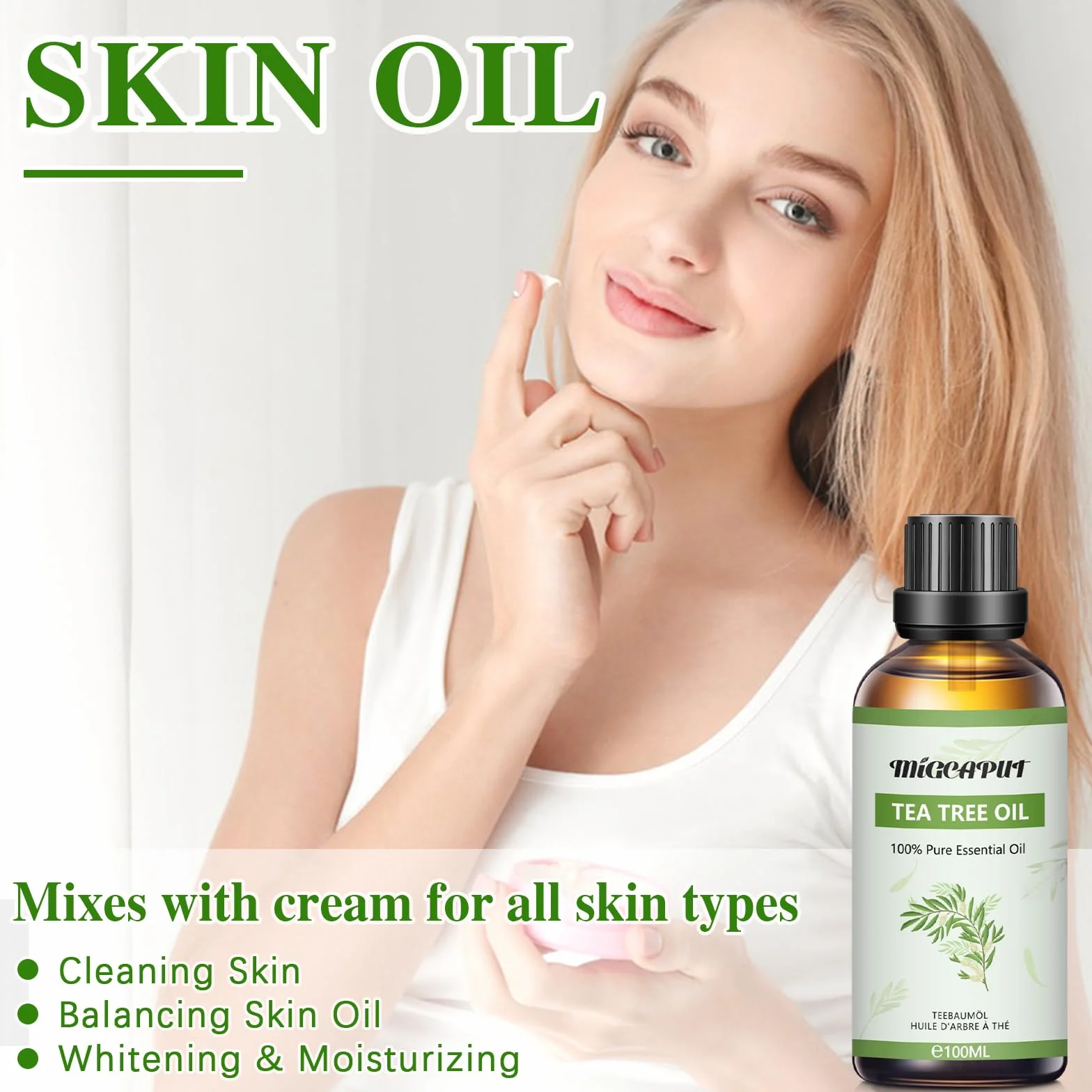 MIGCAPUT Olejek Eteryczny z Drzewa Herbacianego 100ML, 100% Naturalny Olejek z Drzewa Herbacianego, Olejki Eteryczne do Pielęgnacji Twarzy, Skóry i Włosów, Przeciwtrądzikowe, Sterylizacja
