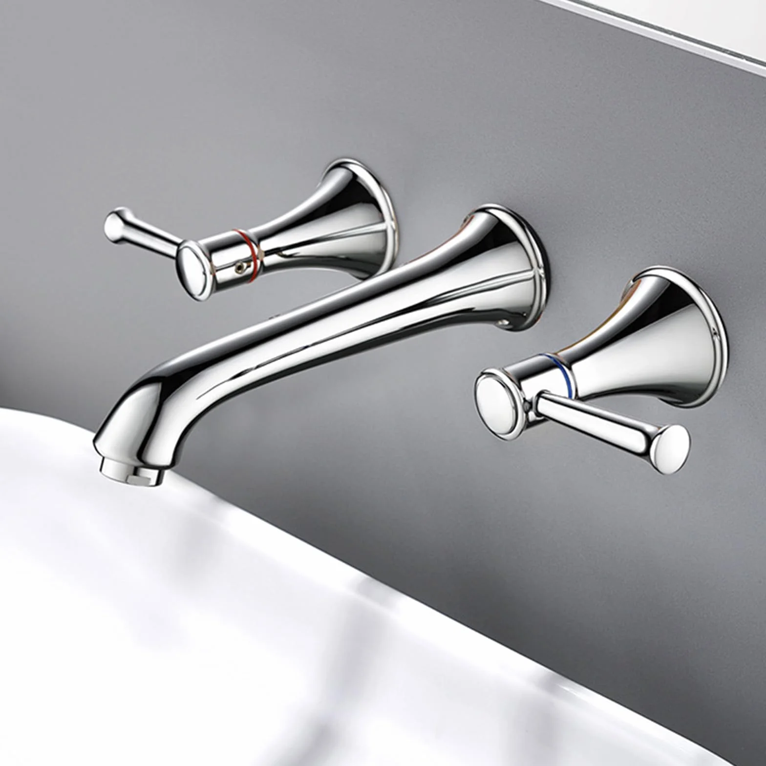 Bateria umywalkowa wpuszczana 3 otwory podwójny uchwyt bateria łazienkowa bateria umywalkowa wylewka 20 cm mosiądz, srebrny chrom