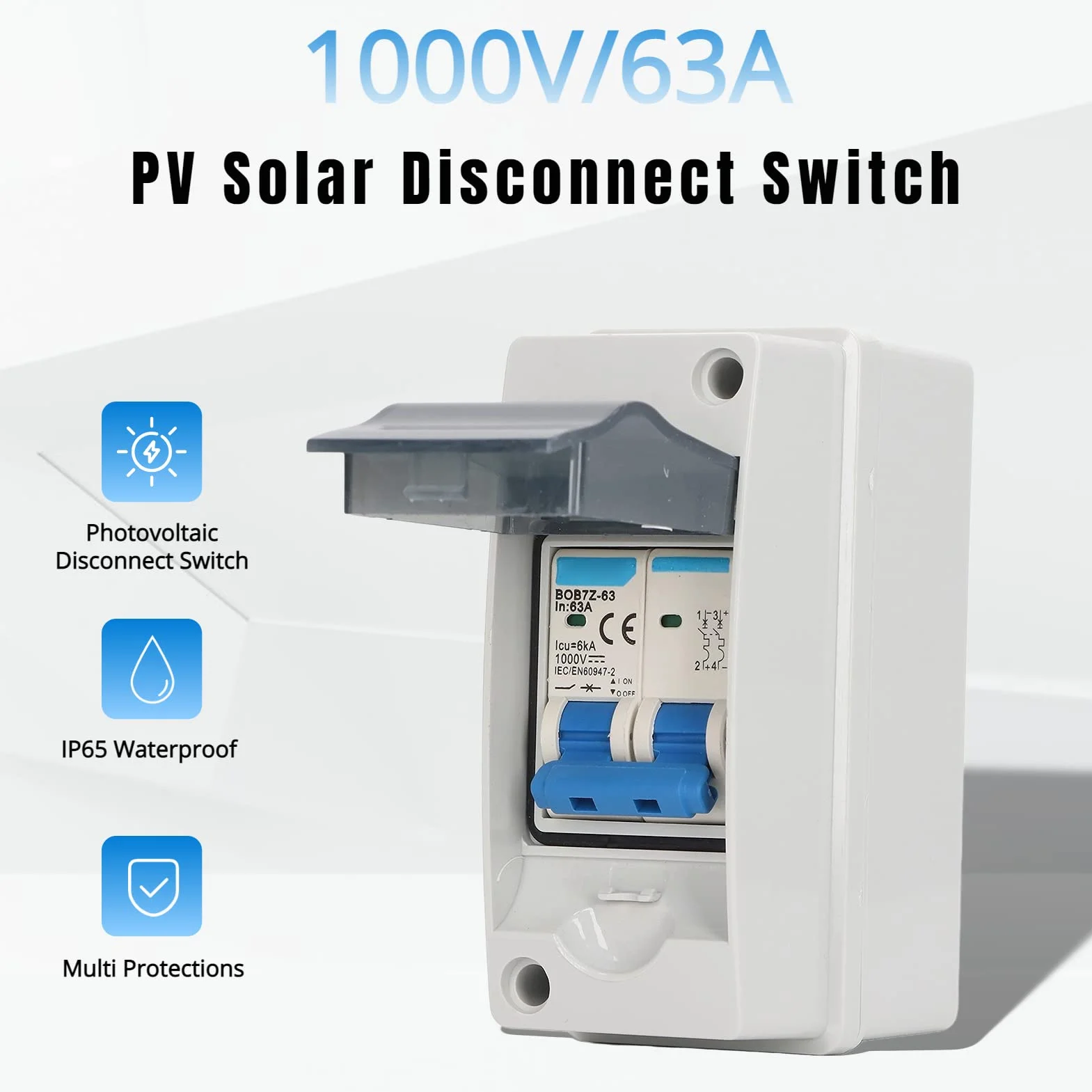 63A 1000V DC Rozłącznik, Miniaturowy Wyłącznik Instalacyjny PV DC z wodoodporną skrzynką rozdzielczą IP65, Rozłącznik Słoneczny do Paneli Słonecznych