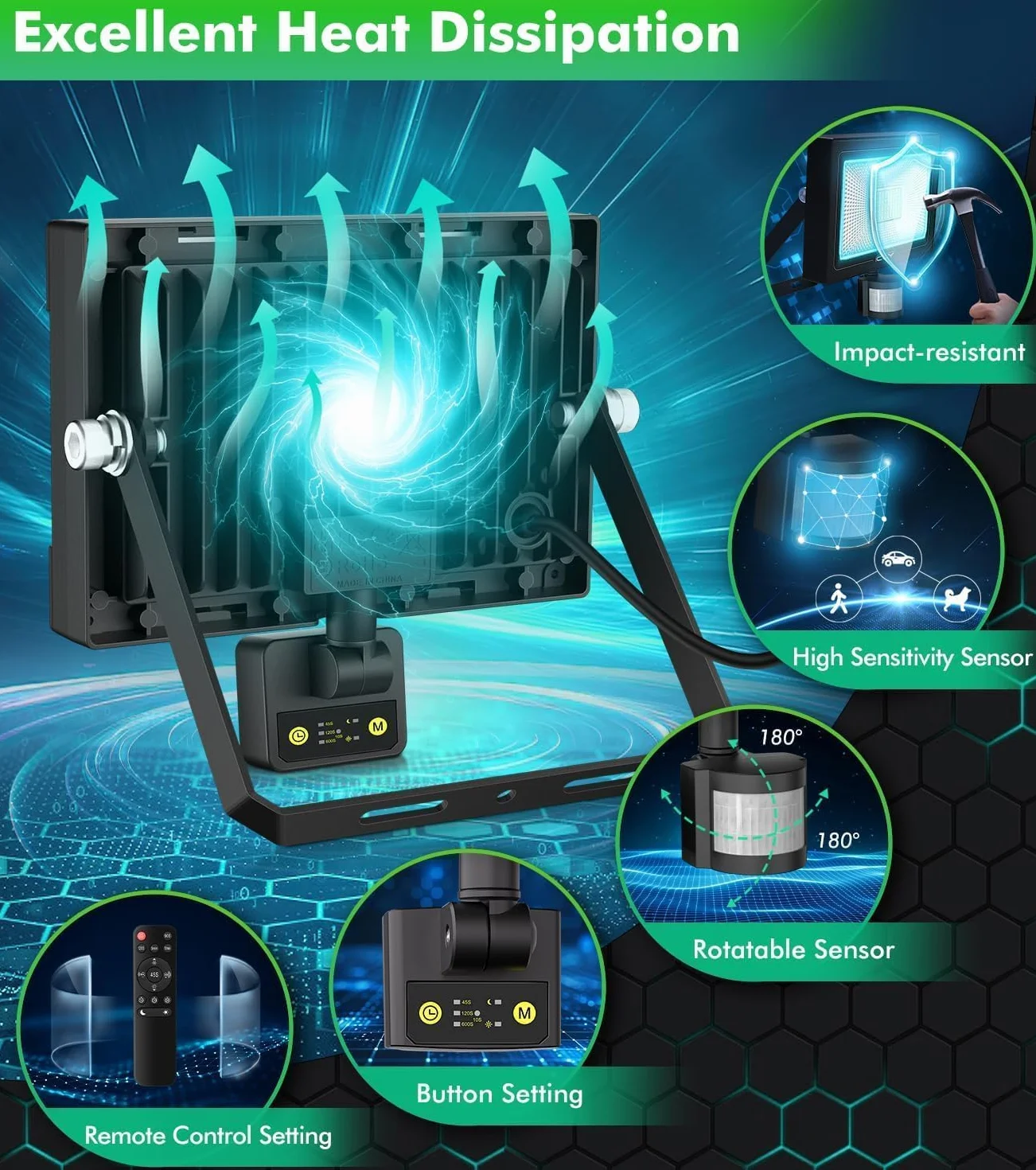 CLY Reflektor LED 60 W z czujnikiem ruchu, pilot zdalnego sterowania, 5640 lm, super jasny, 6500 K, zimna biel, IP66, wodoszczelny, zewnętrzny, regulowany stopień jasności, reflektor do ogrodu, garażu