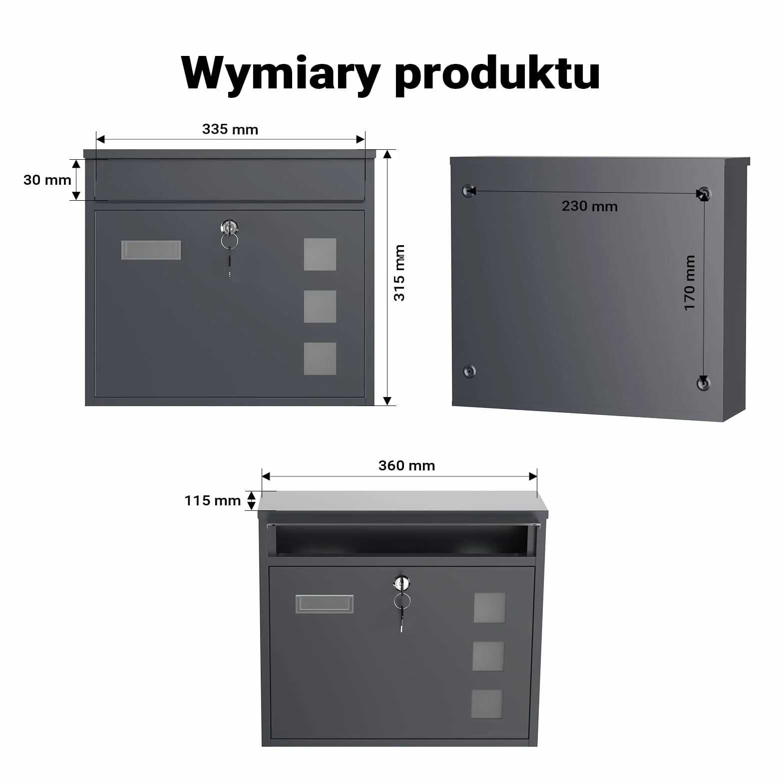 Wiltec Skrzynka na listy antracytowa V12 stalowa z zamkiem i wizjerem, nowoczesna skrzynka pocztowa do montażu na ścianę, malowana proszkowo