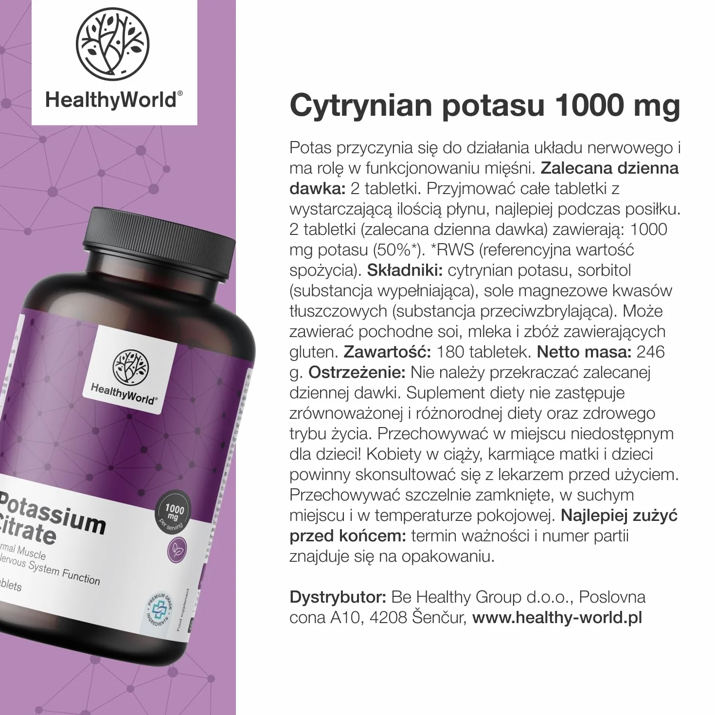 HealthyWorld Cytrynian potasu – 1000 mg w dziennej porcji – 180 tabletek – Optymalne stężenie – Wsparcie dla mięśni, układu nerwowego i ciśnienia krwi – Bez GMO – Zapas na 3 miesiące