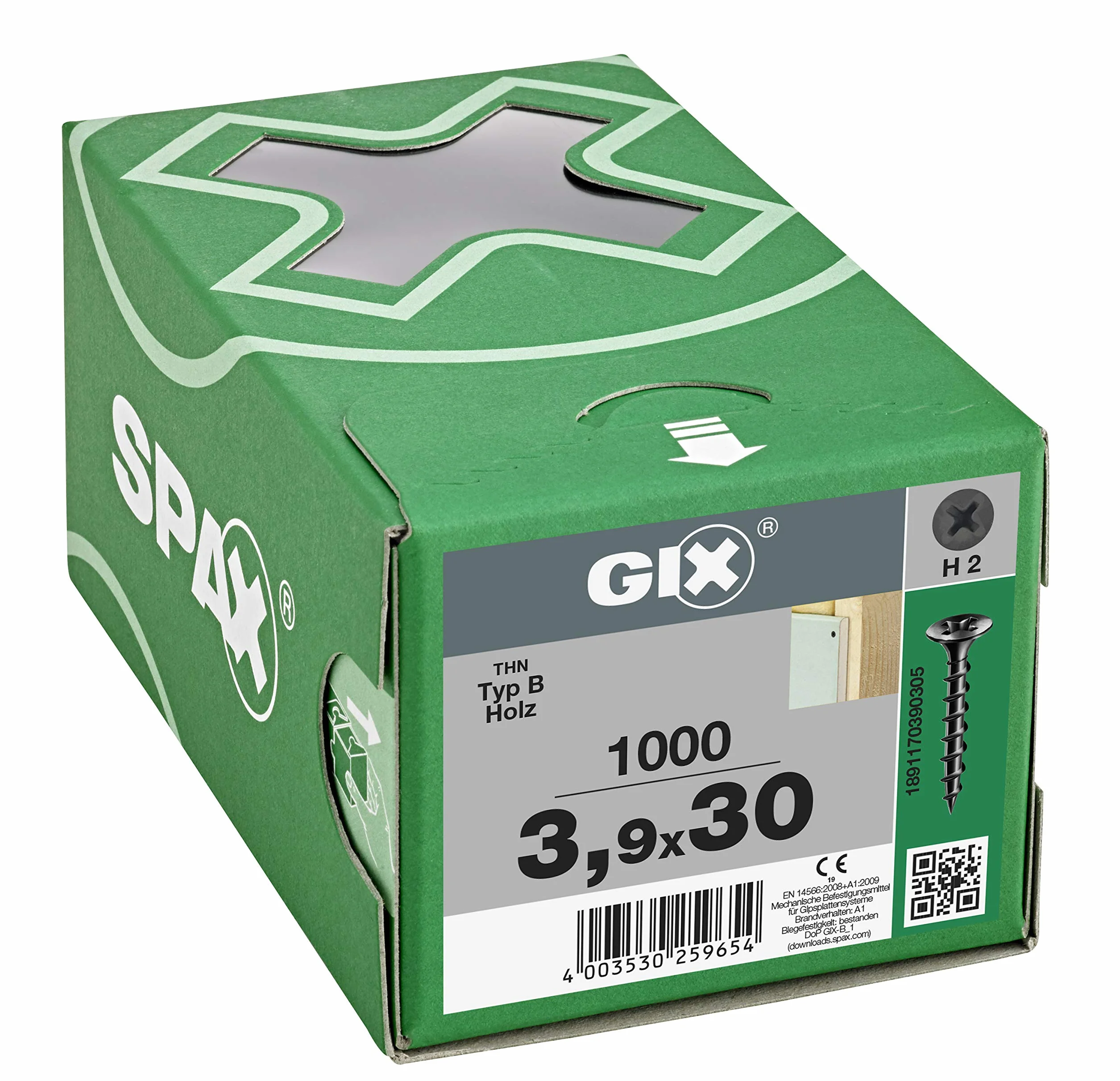SPAX GIX-B Wkręty do szybkiego montażu 3,9 x 30 mm, gwint gruboziarnisty, 1000 sztuk, łeb trąbki, z rowkiem krzyżowym H2, śruby do suchej zabudowy do drewnianych podkonstrukcji – 1891170390305