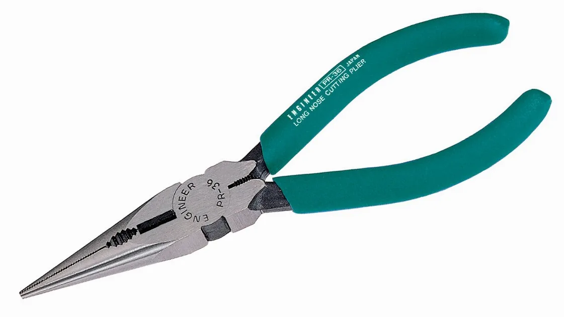 Szczypce z długim nosem (160 mm) ze zintegrowanymi szczękami do cięcia drutu + otwór do ściągania drutu. Wyprodukowano w Japonii. ENGINEER pr-36