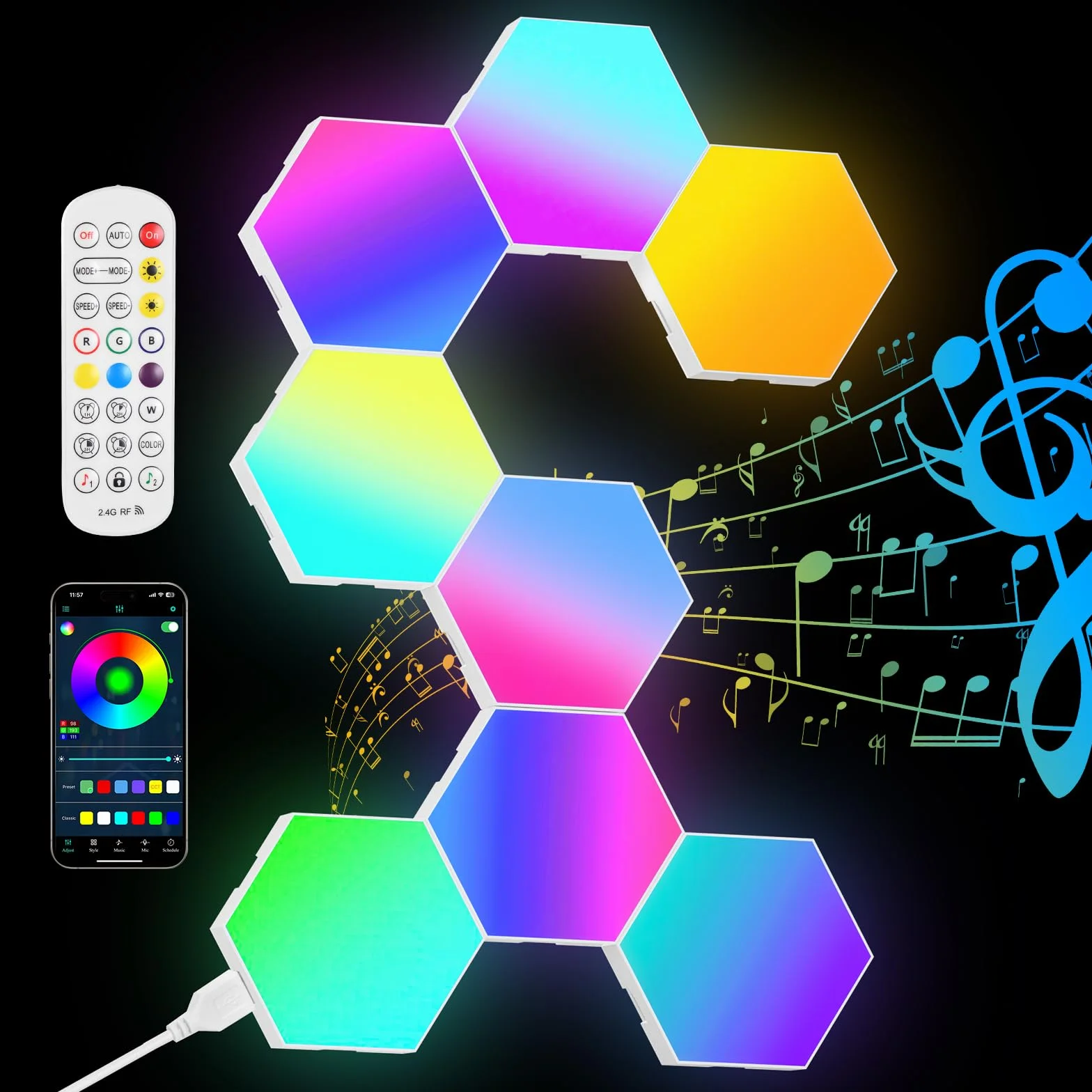 Kinkiet LED Hexagonalny RGB 8 Paneli Inteligentny z Synchronizacją Muzyki