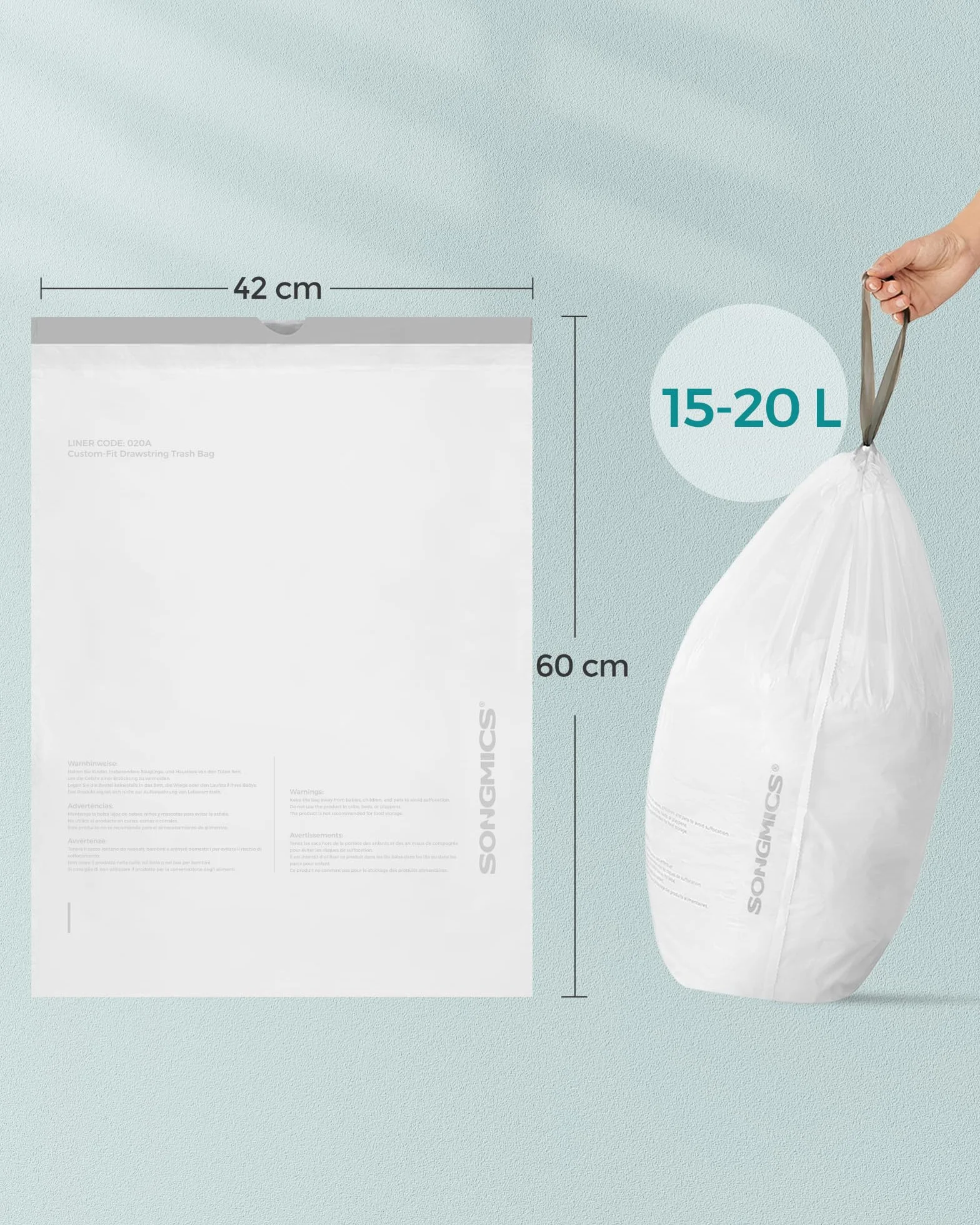 SONGMICS Worki na śmieci ze sznurkiem, wytrzymałe, worki na śmieci do koszy na śmieci 15-20 litrów, już rozdzielone, kod 020A01, 2 rolki, łącznie 80 sztuk, biały KRB020A02