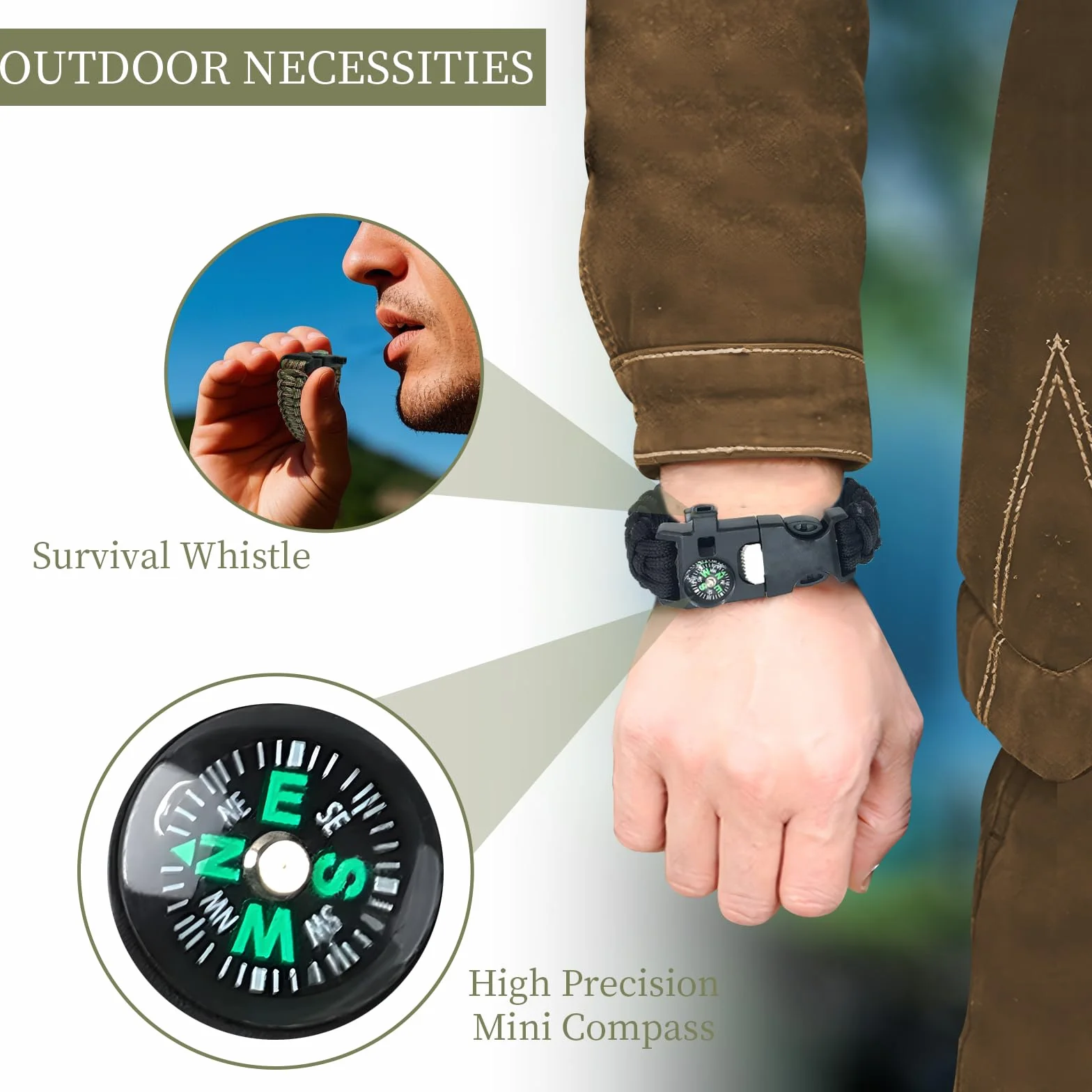 Bransoletki survivalowe zestaw 4 | 5 w 1 bransoletka Paracord z krzesiwem, kompasem i gwizdkiem | wyposażenie awaryjne na kemping, wędrówki, Adjustable (115 inches), Stal nierdzewna