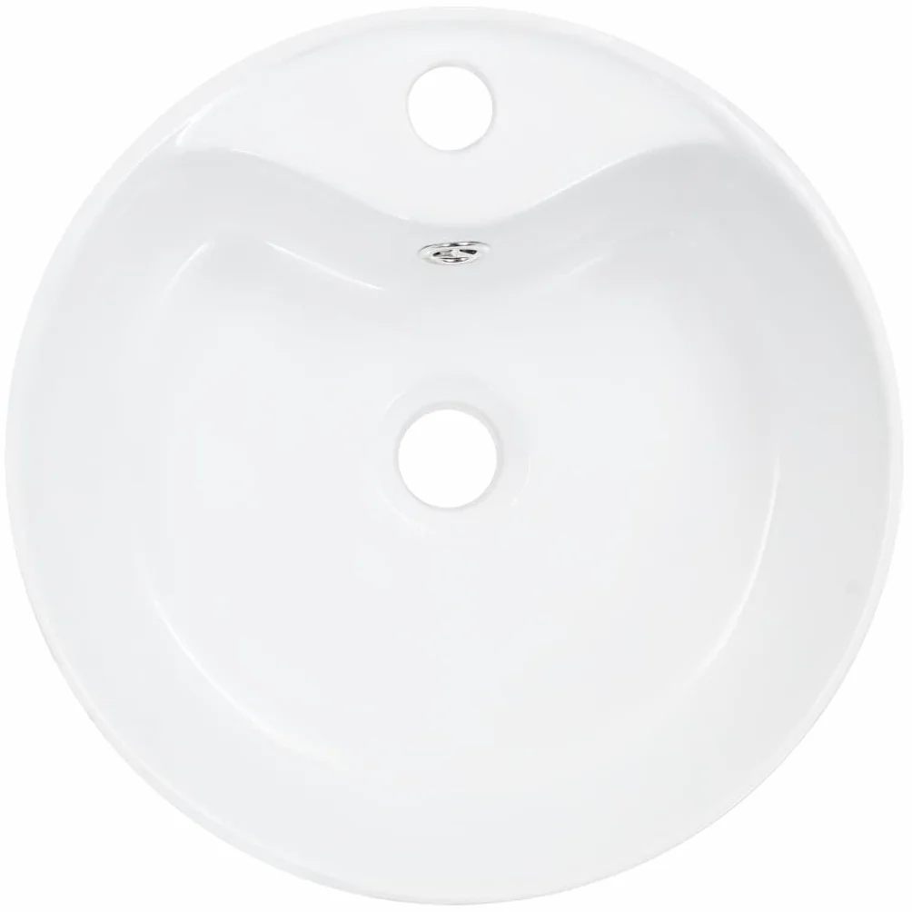 Ceramiczna umywalka nablatowa umywalka z przelewem 36 x 13 cm, biała, okrągła, do umywalki ręcznej przy umywalce, z otworem na kran i otworem odpływowym do pomieszczeń sanitarnych