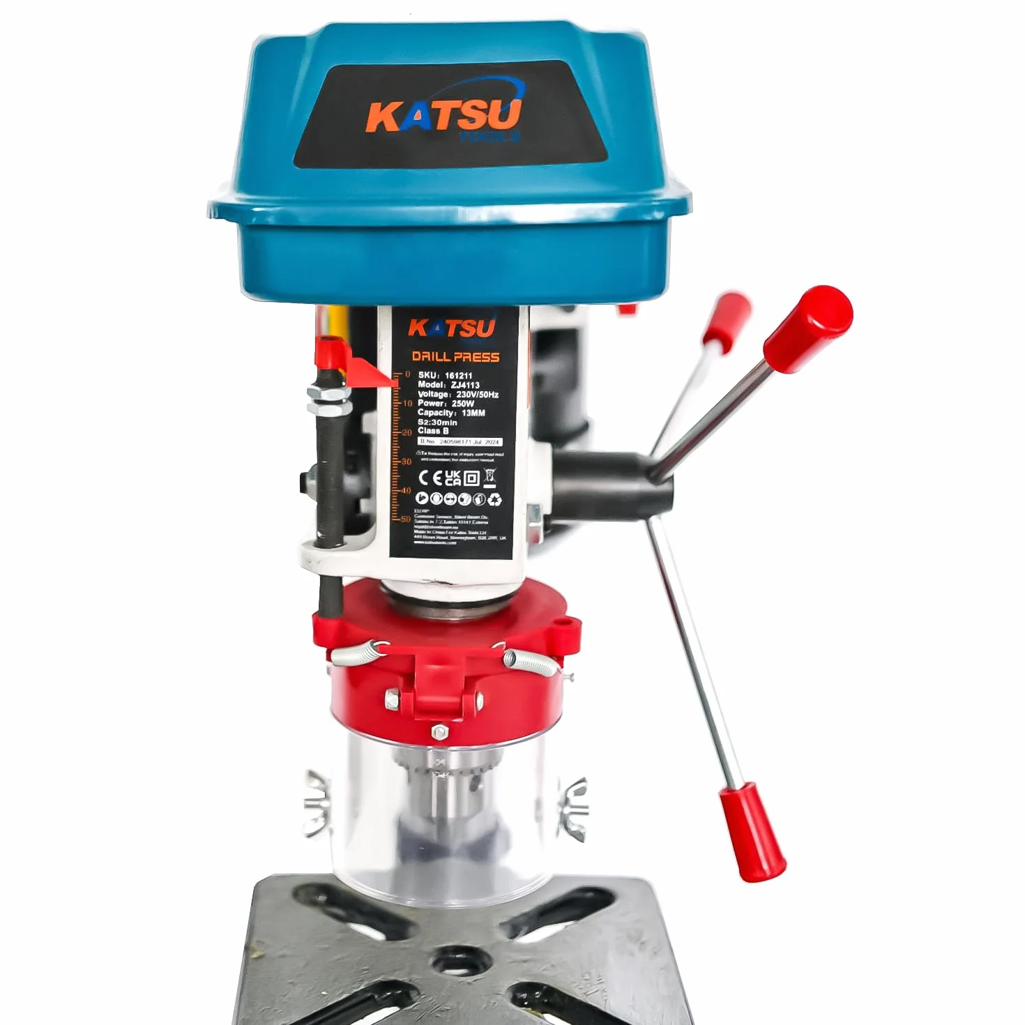 KATSU Tools Wiertarka stołowa 250 W + uchwyt 13 mm + 5 prędkości elektroniczny przełącznik zmiennej prędkości + 50 mm maksymalna głębokość wiercenia + maks. 2620 obr./min + stół wiertarski z regulacją
