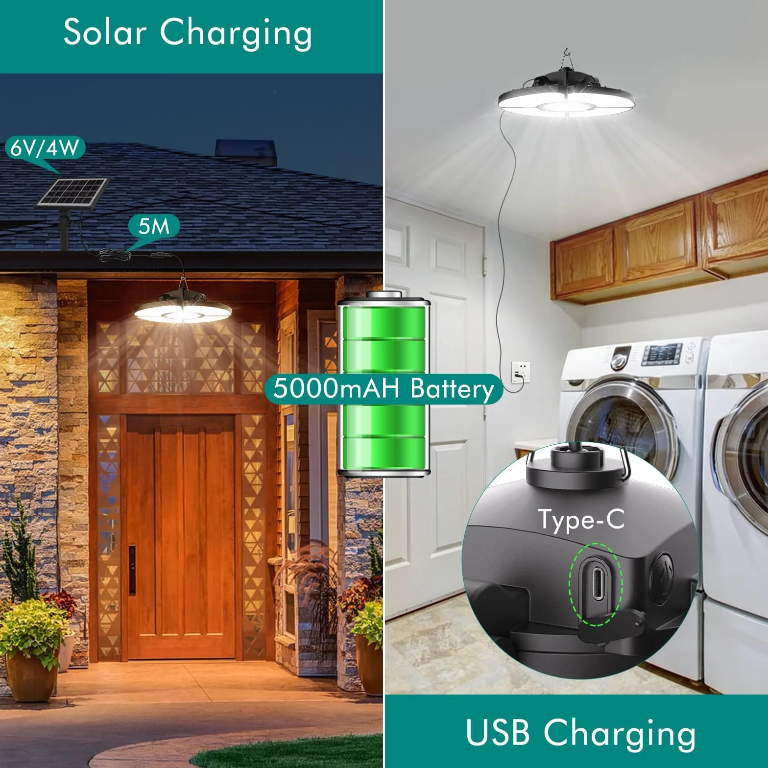 CLV Solarne lampy wiszące do użytku na zewnątrz, do wnętrz, 5000 MHA, 6 trybów, lampa wisząca z pilotem zdalnego sterowania, 2700 K/4000 K/6500 K, możliwość ściemniania, 4 zdeformowane głowice, super