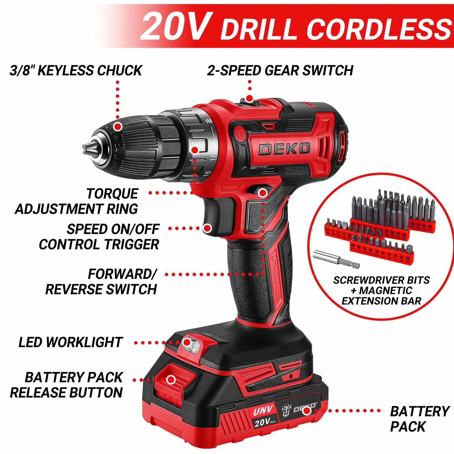186-częściowy zestaw narzędzi z wkrętarką akumulatorową: DEKO Blue 20V Cordless Drill Toolbox Set, niezbędny zestaw narzędzi do konserwacji domu