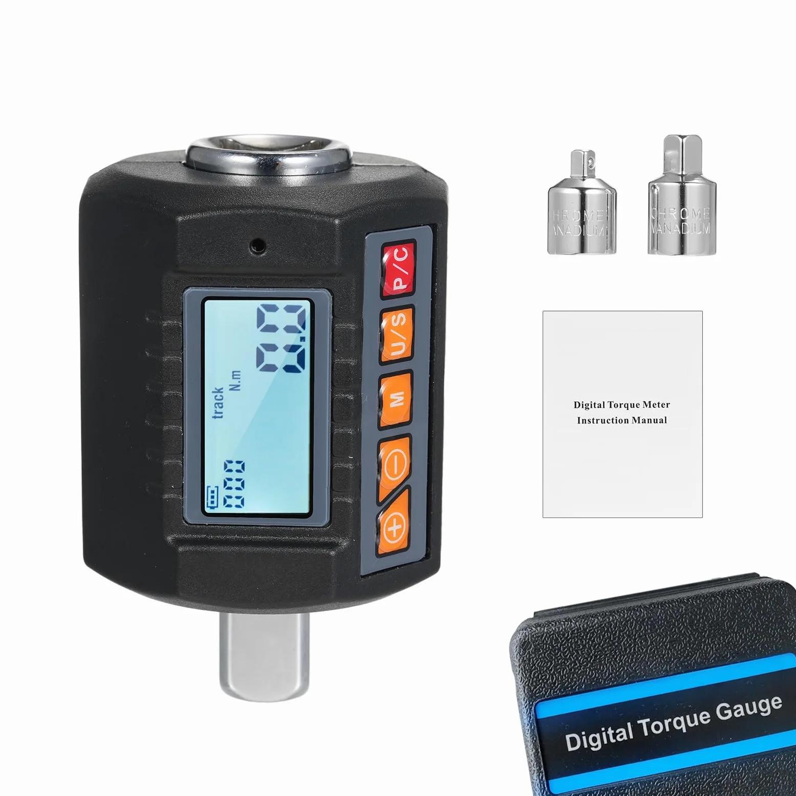 Cyfrowy adapter momentu obrotowego 1/2", 7.4-250.8 Ft-lb/10-340 Nm, dokładność ±2%, wartość wstępnie ustawiona, przechowywanie danych, sygnalizator dźwiękowy i wskaźniki LED, adaptery 3/8" i 1