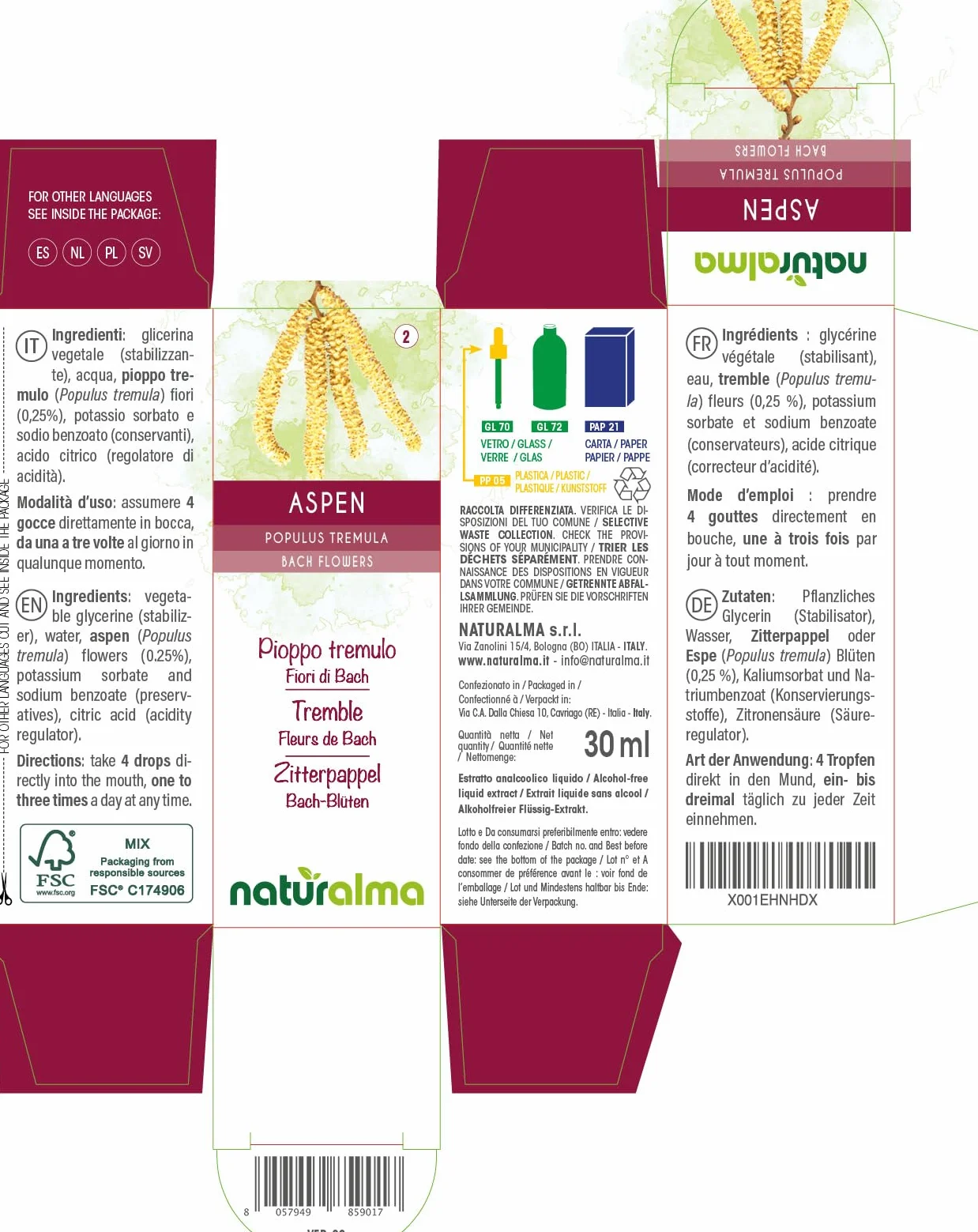 Aspen Topola osika Kwiaty Bacha Naturalma Krople 30 ml Płynny ekstrakt bezalkoholowy Esencje kwiatowe Wegański