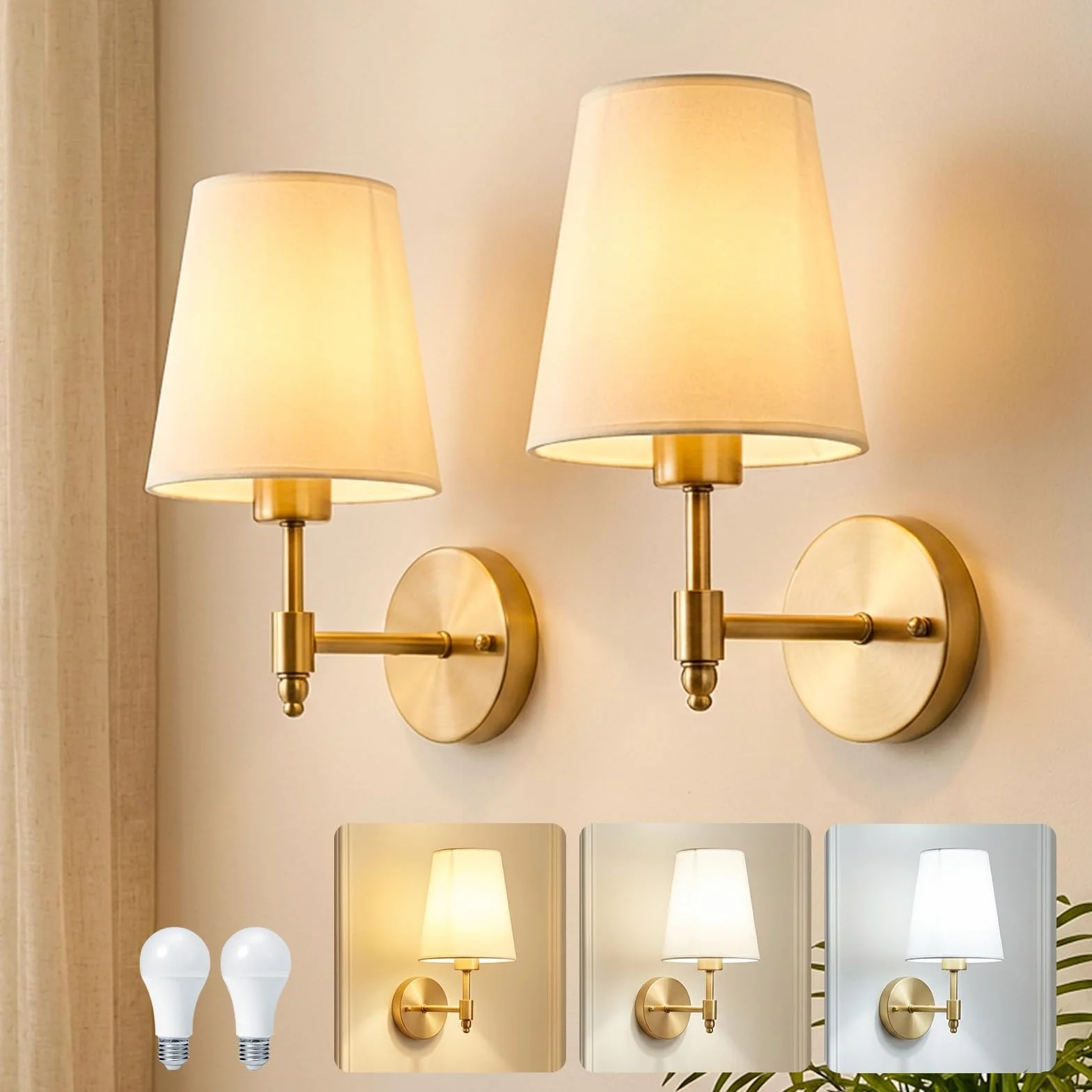 Zestaw 2 lamp ściennych LED do wnętrz, retro złote lampy ścienne do łazienek, styl industrialny, 3000K-6000K z kloszem z tkaniny, lampy ścienne do sypialni, salonów i klatek schodowych