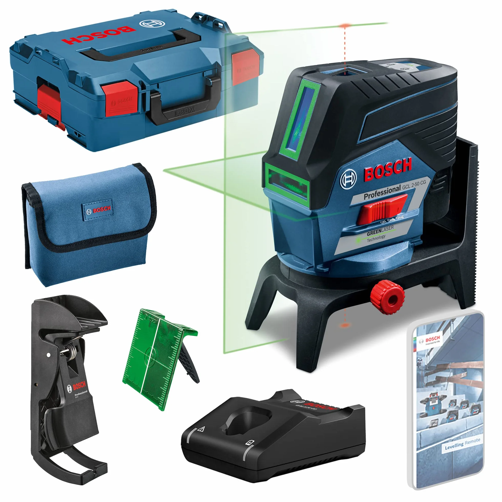 Bosch Professional system 12V: laser wielofunkcyjny GCL 2-50 CG (1 akumulator GBA 12V 2.0Ah, ładowarka, zielona wiązka, uchwyt, widzialny zasięg: do 20 m, walizka L-BOXX)