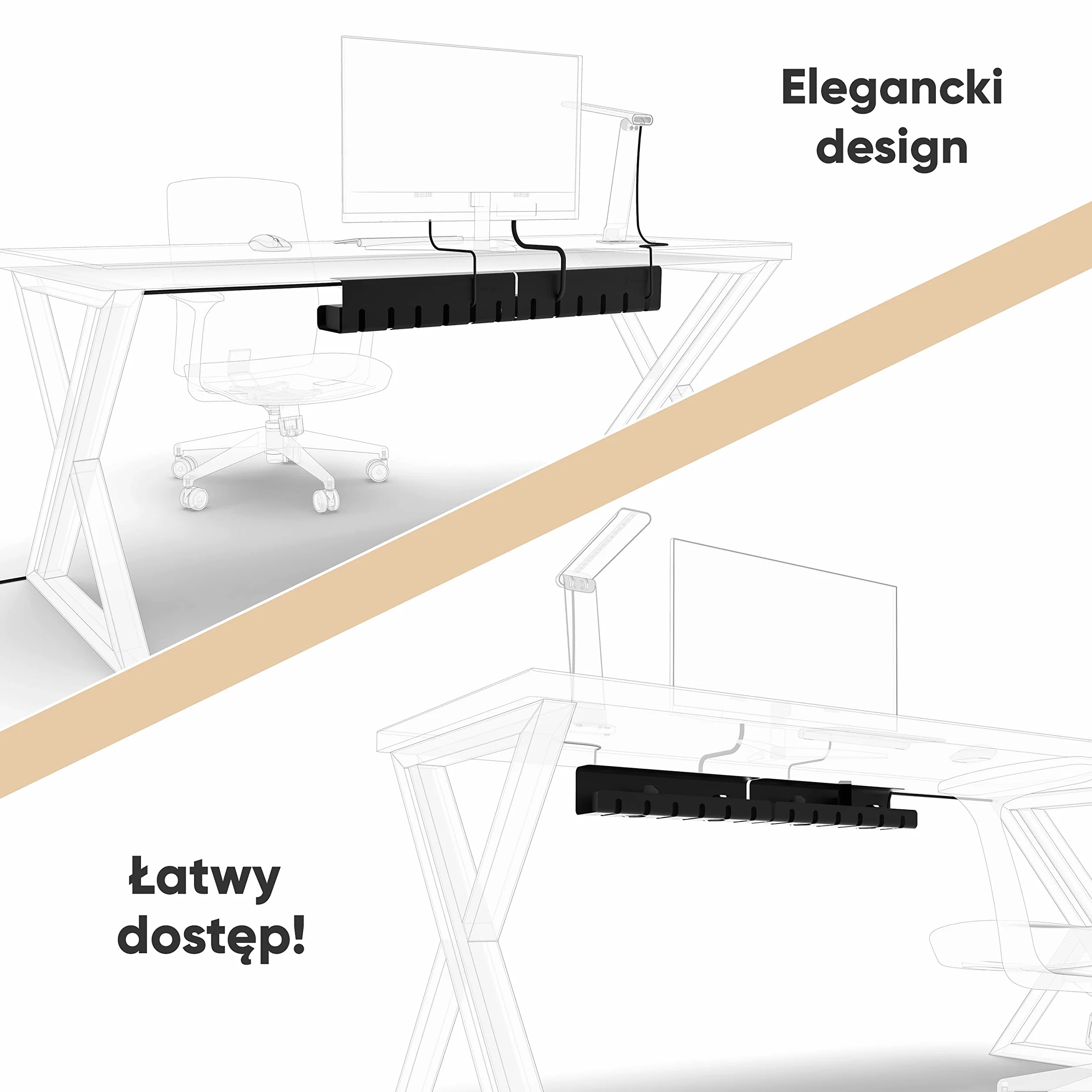 UNITURE® Kanały kablowe na biurko do porządnego zarządzania kablami – uchwyt na kabel biurkowy z prostym montażem i ponadczasowym wzornictwem – 2 x 40 cm – prowadnica kabla do domowego biura (czarna)