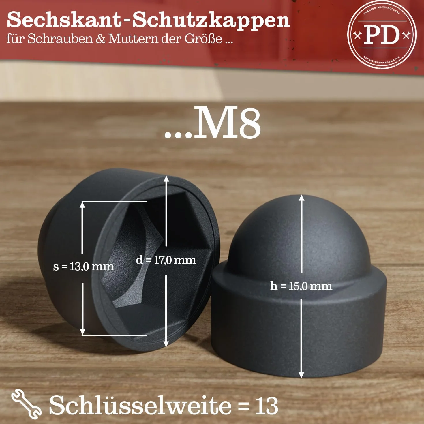 PD® Sześciokątne nakładki ochronne M8 (rozmiar klucza 13), antracytowe, z tworzywa sztucznego, trwałe zaślepki na nakrętki i łby śruby, antracytowe, 50 sztuk